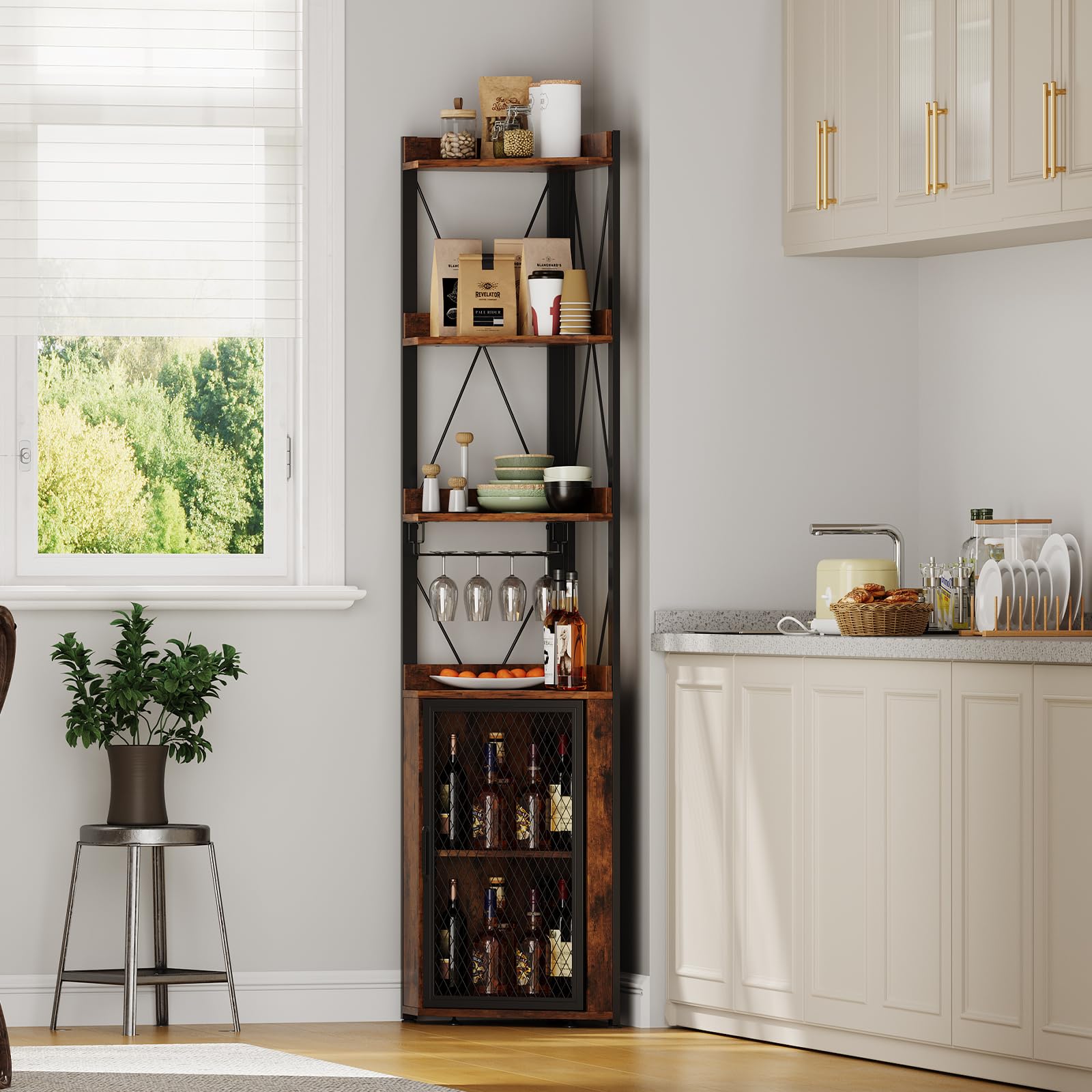 IdealHouse Space Saving Industrial Corner Bar Cabinet 5 Tier Wine Rack with Glass Holder Adjustable Shelves Mesh Door Freestanding Liquor Storage Sideboard for Dining Room Kitchen Home Bar Vintage Brown