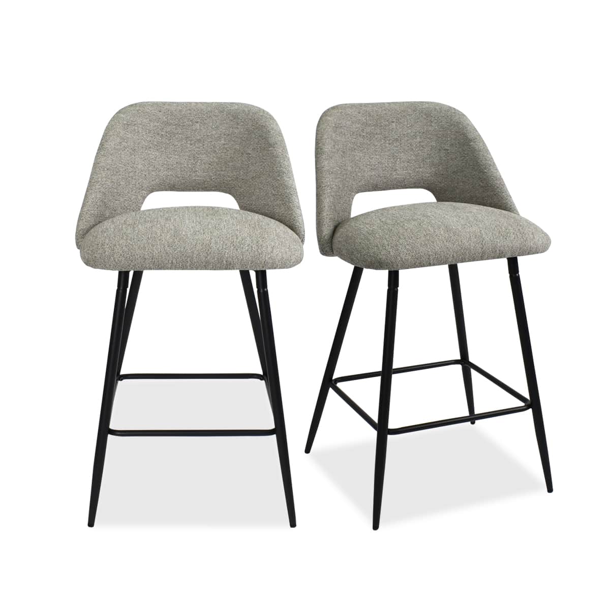Maison Boucle EDWIN-MIDBAR-LT GRAY Set of 2 Light Gray Upholstered Counter Stools with Backrest and Black Metal Legs for Modern Kitchen