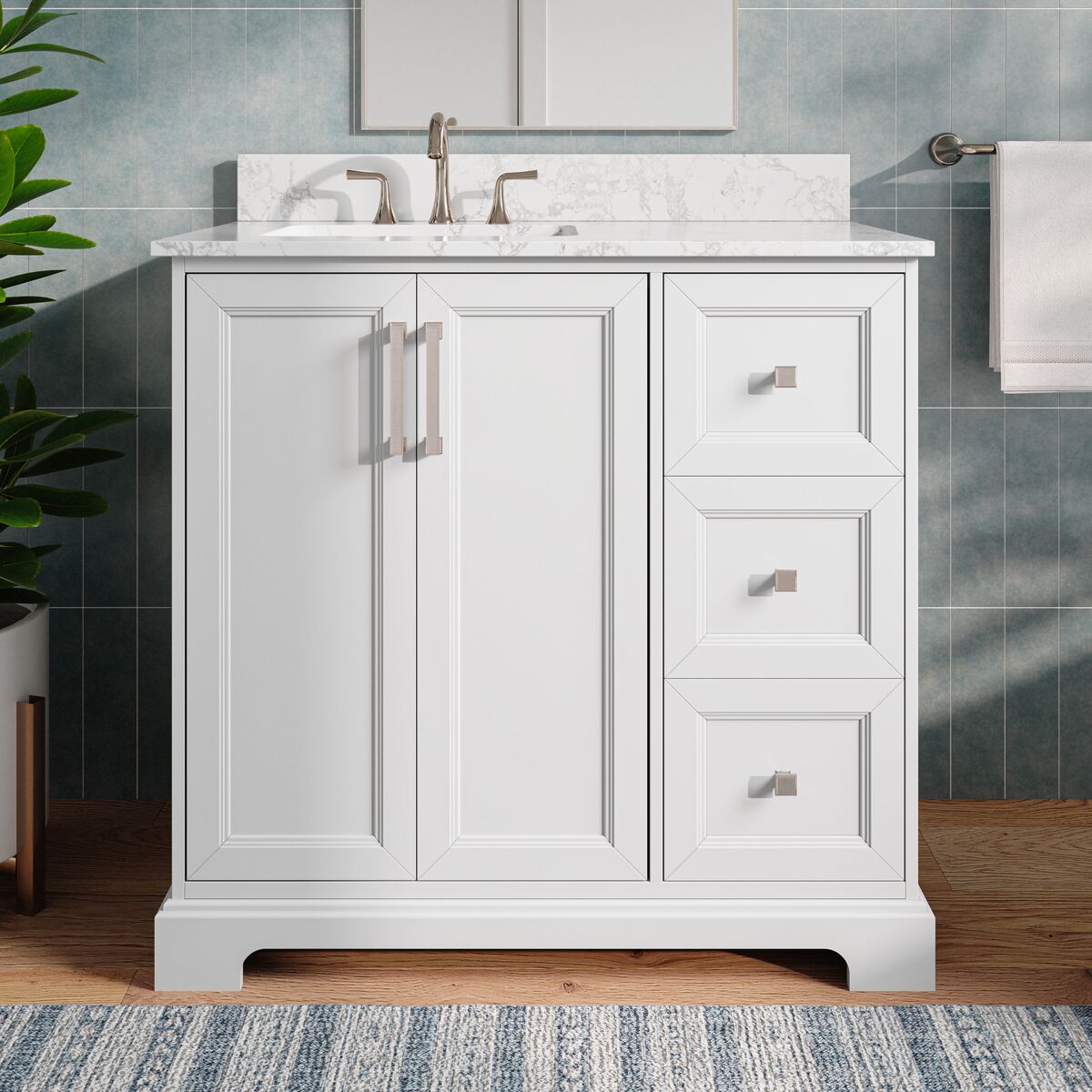 allen + roth LWS36TSVW Pittman 36-in White Undermount Single Sink Bathroom Vanity with White Engineered Calacatta Veined Engineered Stone Top
