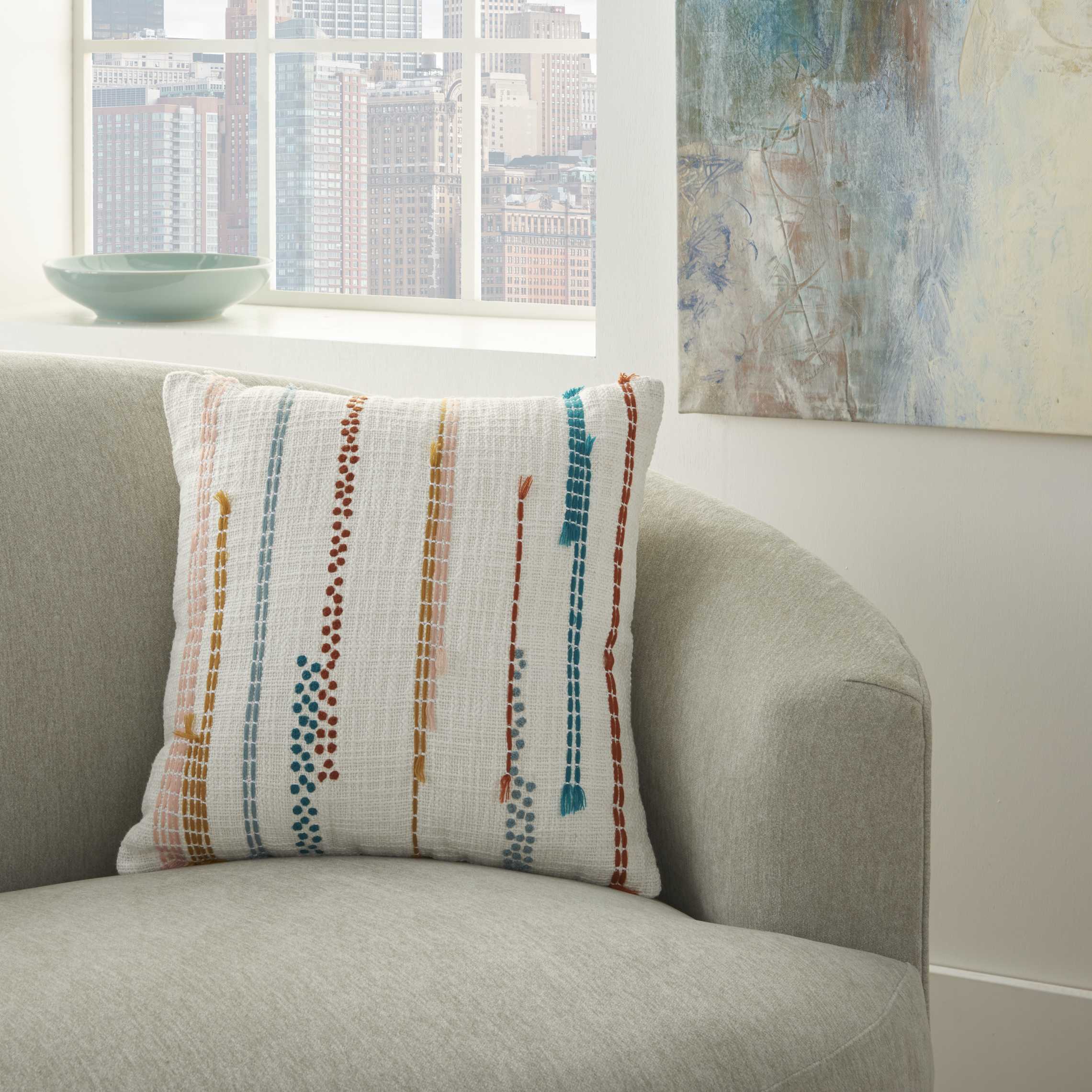 Multicolor Embroidered Cotton Square Throw Pillow 18" x 18"