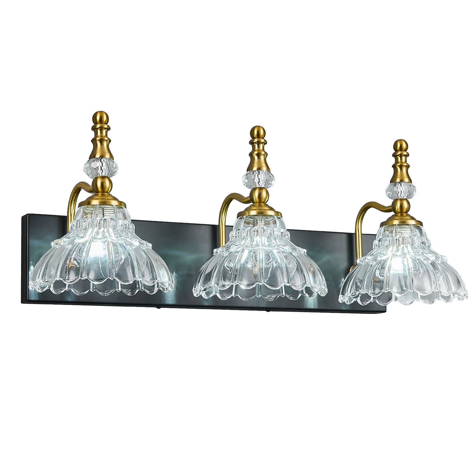 ZHLLMQ Modern 22.83 in 3-Light Black Gold Vintage Flower Glass Bathroom Vanity Light Fixture Over Mirror