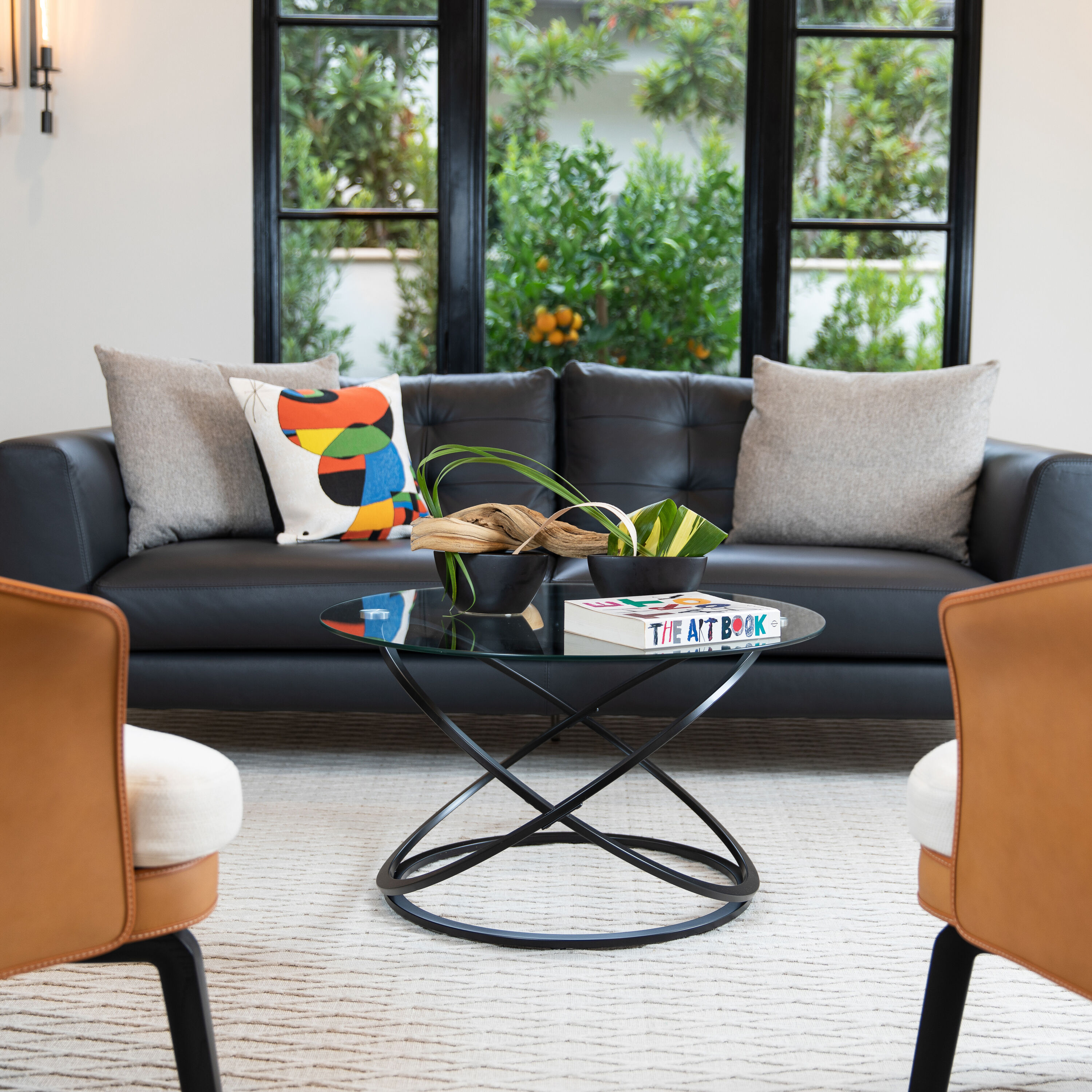 31.5" Round Clear Glass Coffee Table with Black Metal Base