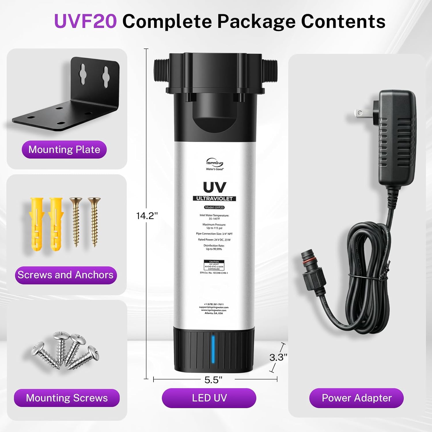 iSpring UVF20 Whole House LED UV Water Filter System, Up to 12 GPM ...