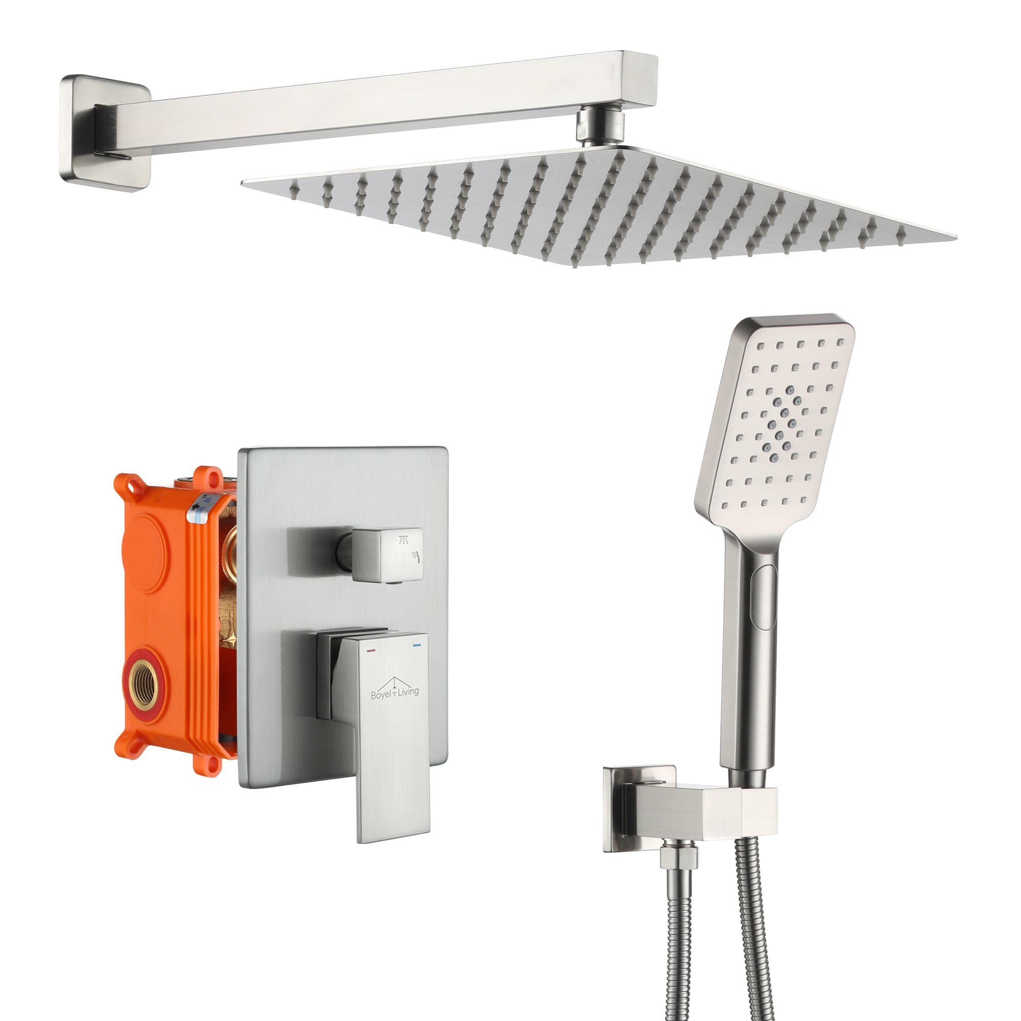 Boyel Living MS-BOX2210BN 3-Spray Patterns with 2.5 GPM 10 in. Wall Mount Dual Shower Heads with Pressure Balance Valve in Brushed Nickel