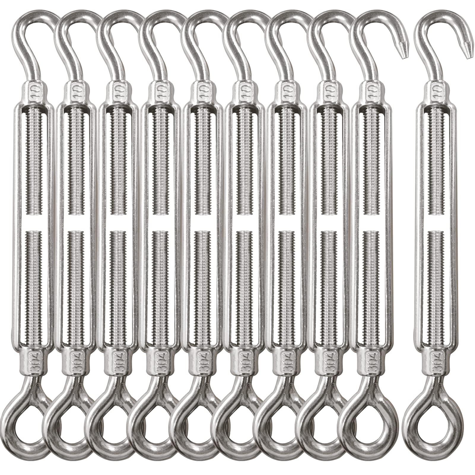 ITOPFOX  Turnbuckle 10PCS 304 Stainless Steel Turnbuckle Hook and Eye Heavy Duty M4 M6 M8 M10 Tensioner Adjustable Shade Sail Hardware for