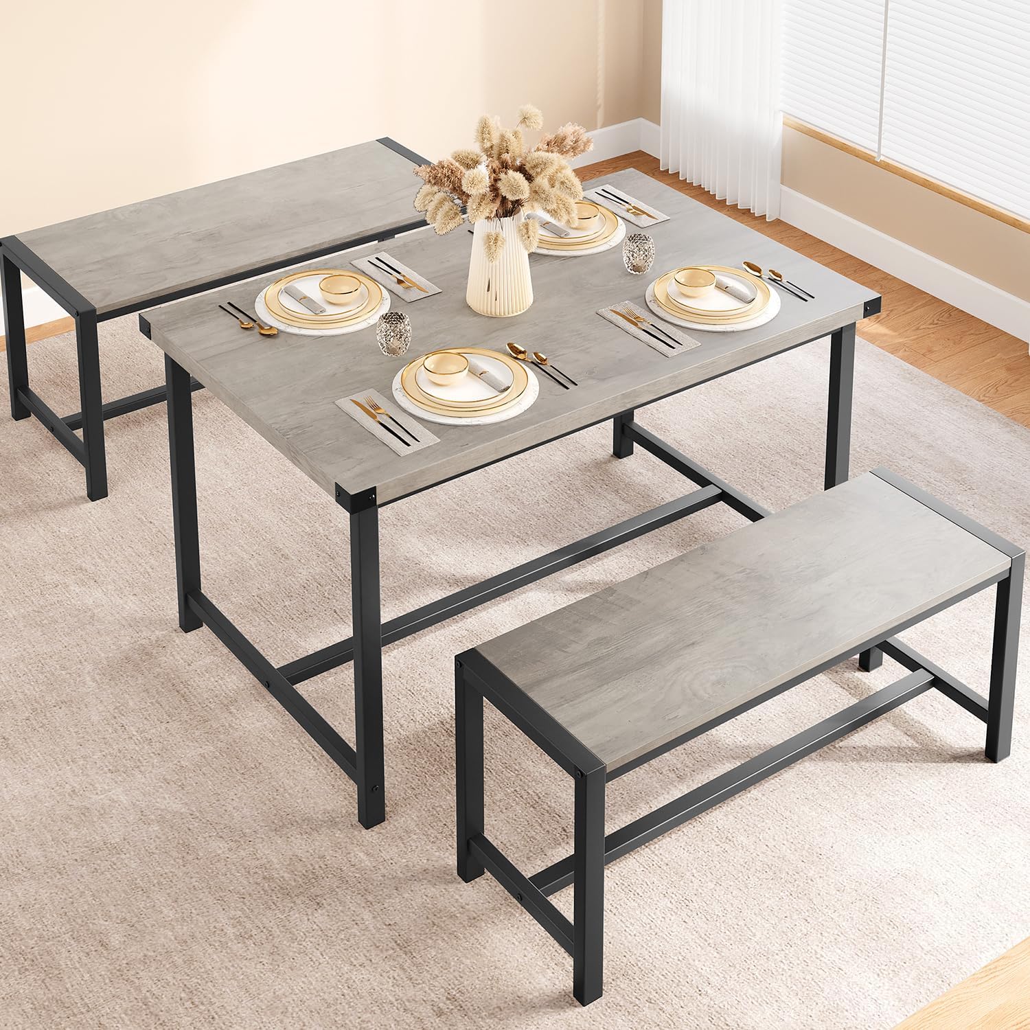 Dining Table Set for 4 Kitchen Table with Benches Rectangular Dining Room Table Set with 2 Sturdy Benches 3 Piece Kitchen Table Set for Small Space Apartment Studio Retro Gray