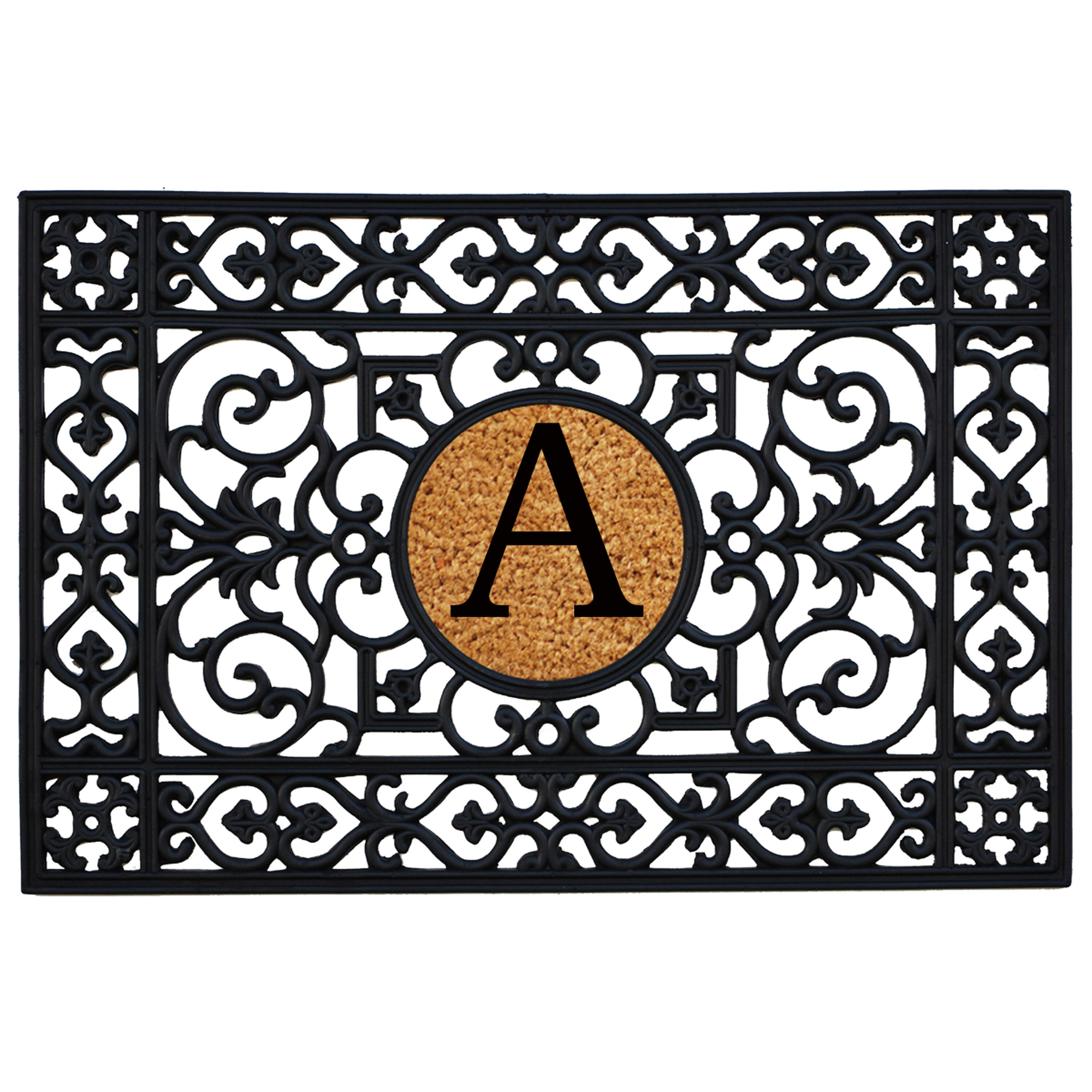 Black Scroll Border Rubber Doormat, 36x24