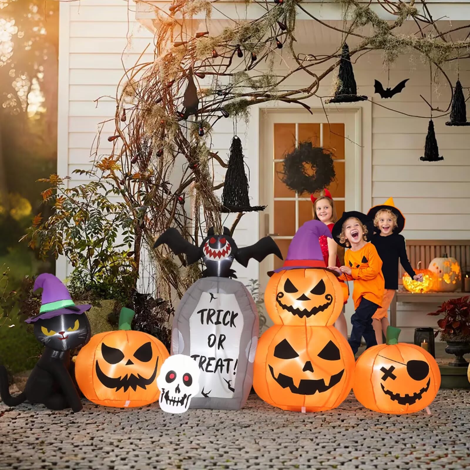 Qeetex JXNAG-PHO-15O48HLC 8 Ft Halloween Inflatables Outdoor Decorations Blow Up Pumpkin Black Cat with Build-in LED Lights Bat Tombstone Inlatable Decorations for Yard Lawn Porch Party