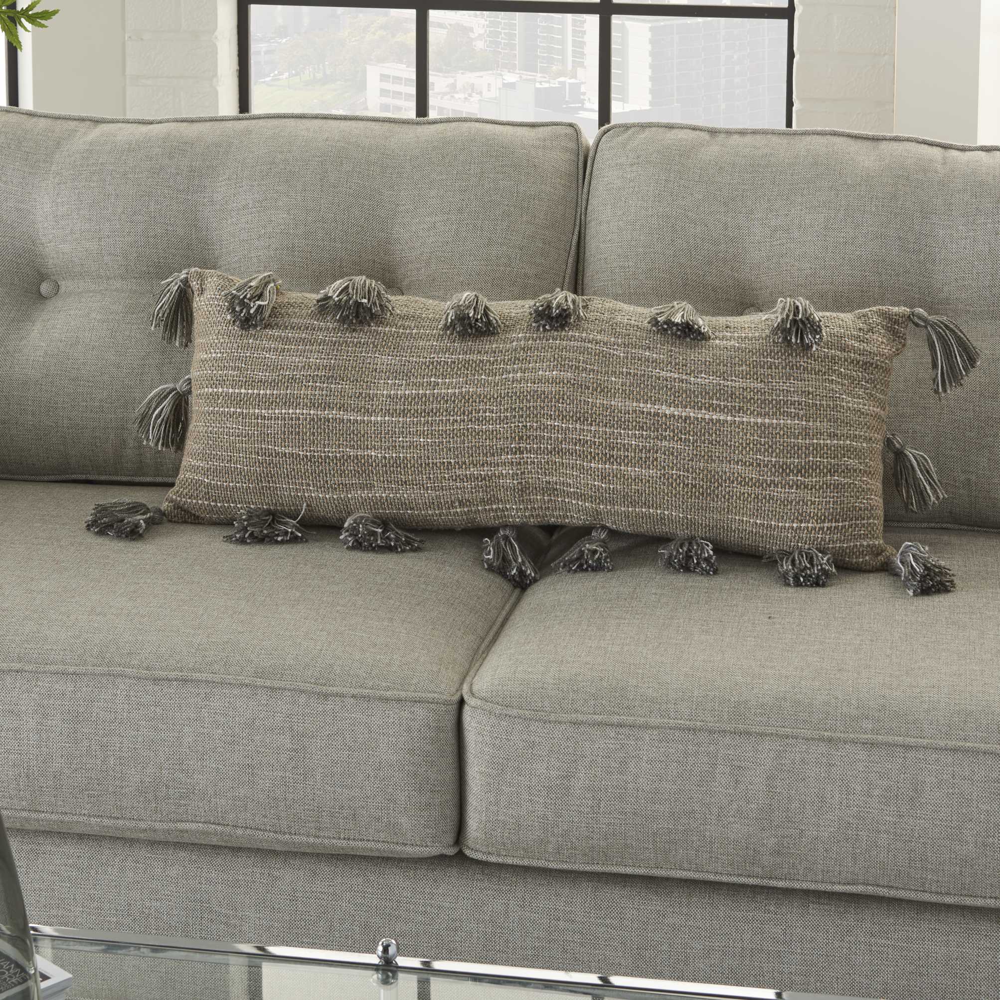 Charcoal Gray Linen-Textured Lumbar Throw Pillow with Tassels, 13"x33"
