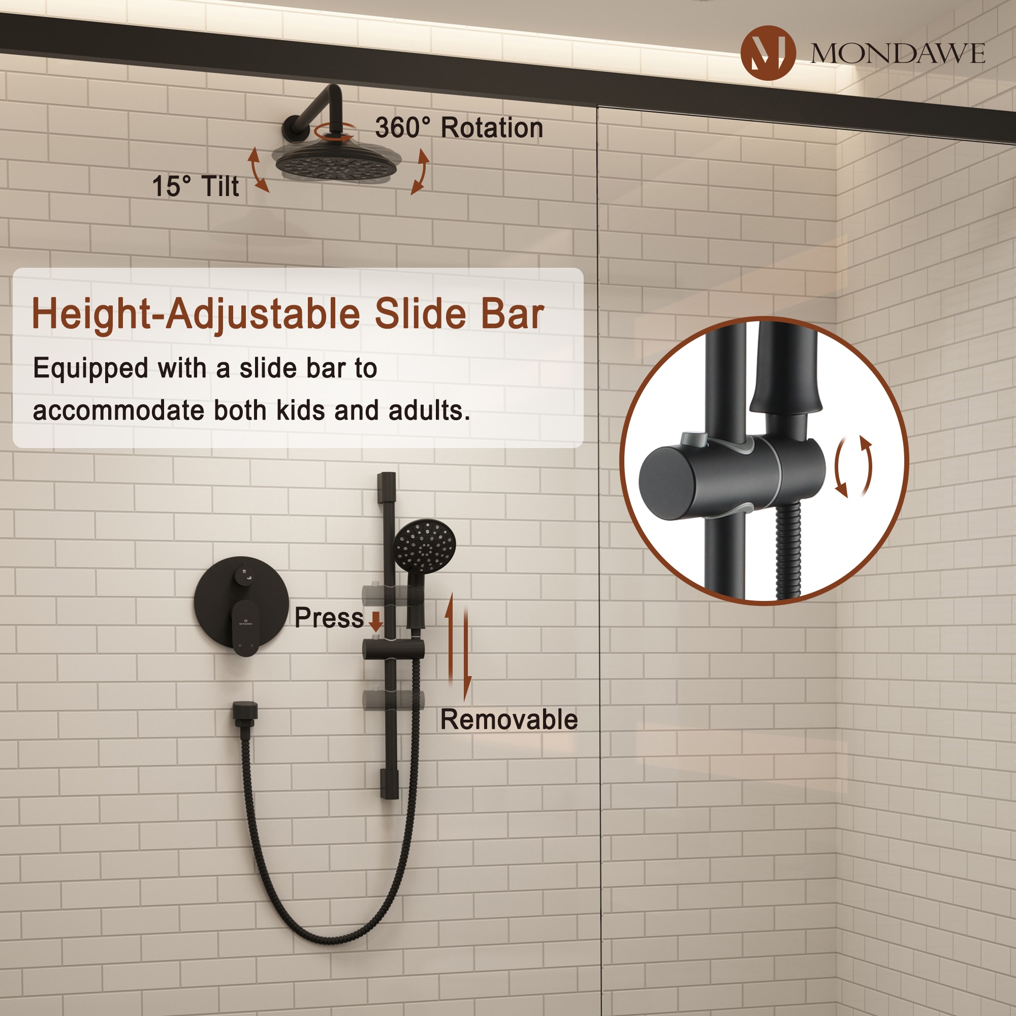 Mondawe Matte Black 8-in Built-In Shower Faucet System With 2-way ...