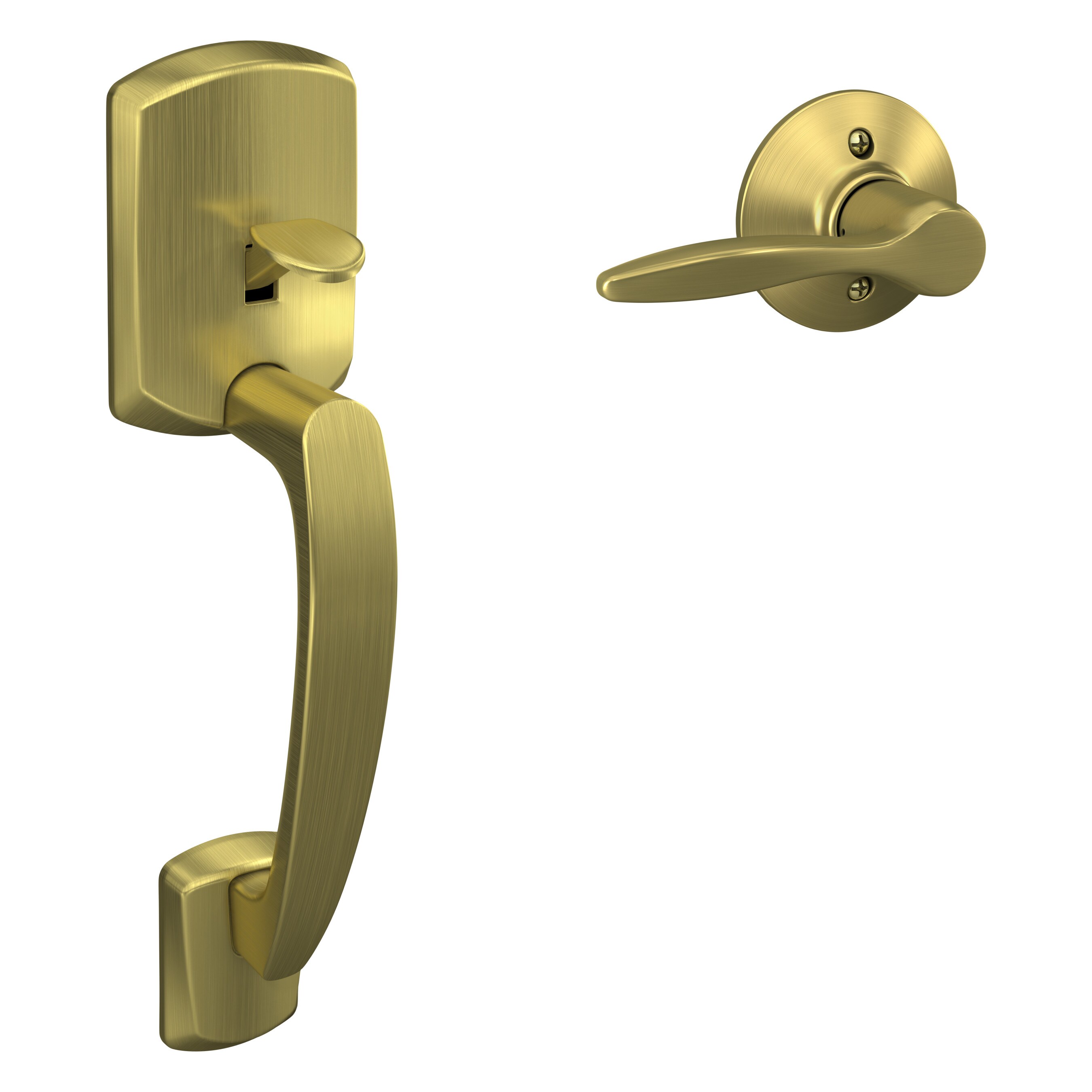 Schlage FE285 DEL 608 GRW RH Greenwich-Delfayo Satin Brass Entry door exterior handle with Decorative Lever