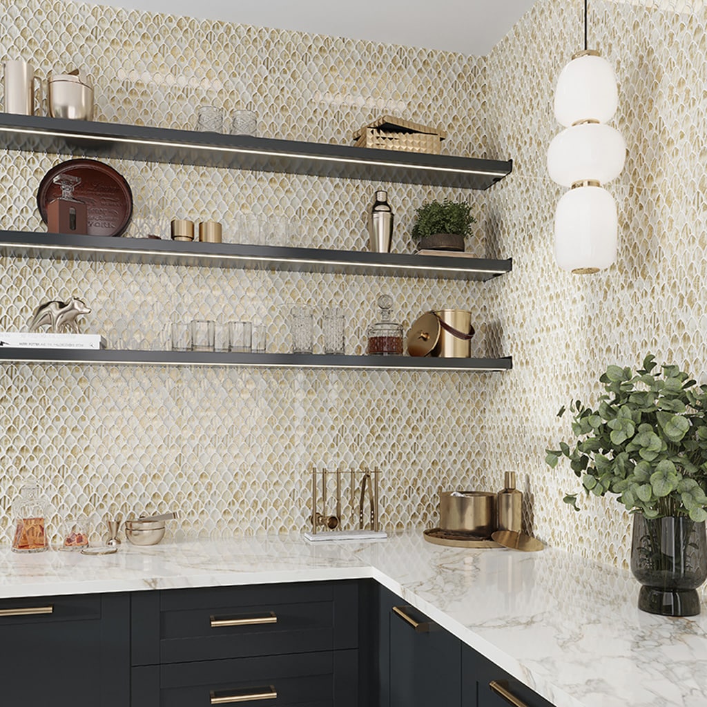 Majeste Glossy Gold and White Glass Mosaic Wall and Floor Tile