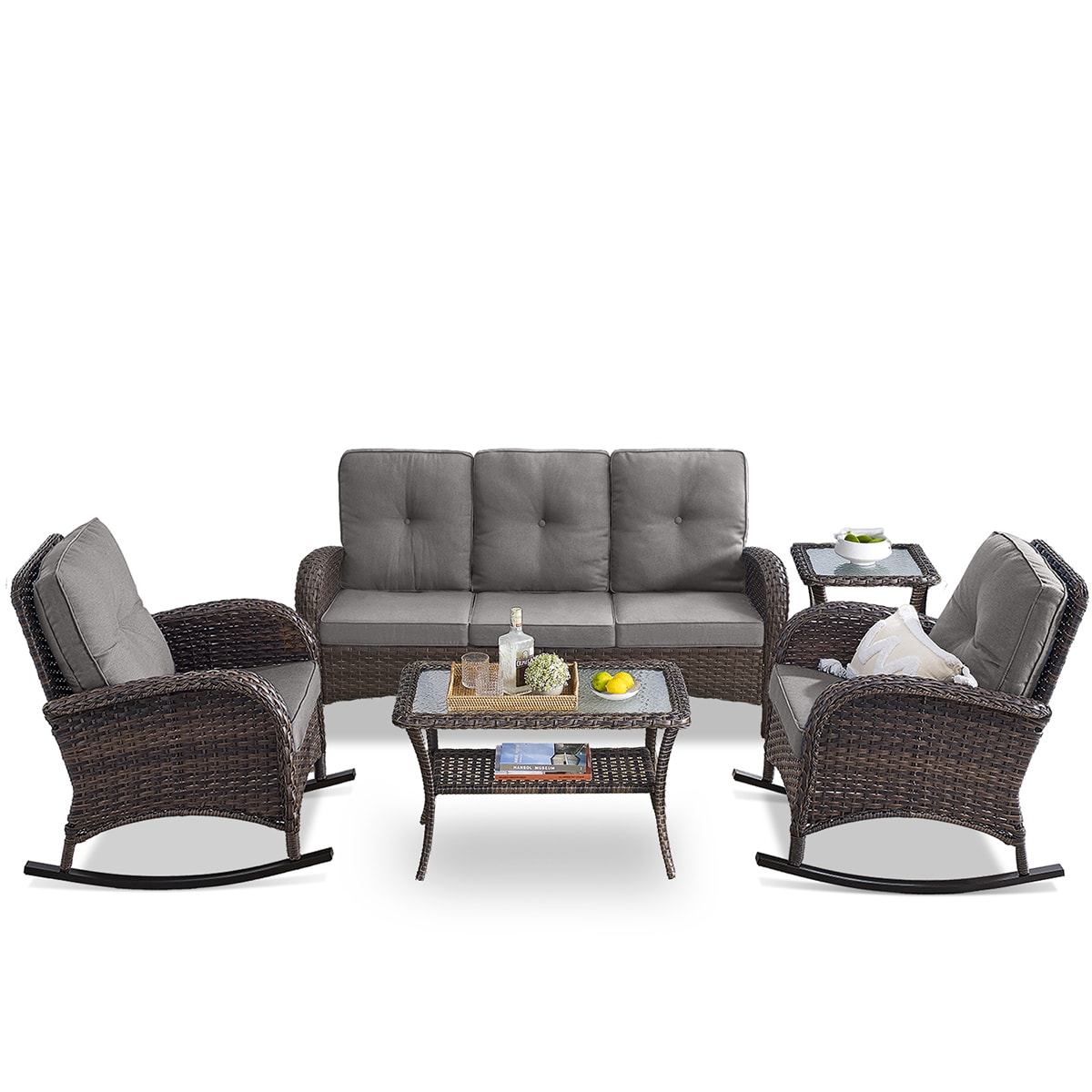Rilyson FS08611450-3 KEY WEST 5 -Piece Woven Patio Sofa Conversation Set with Gray Cushions