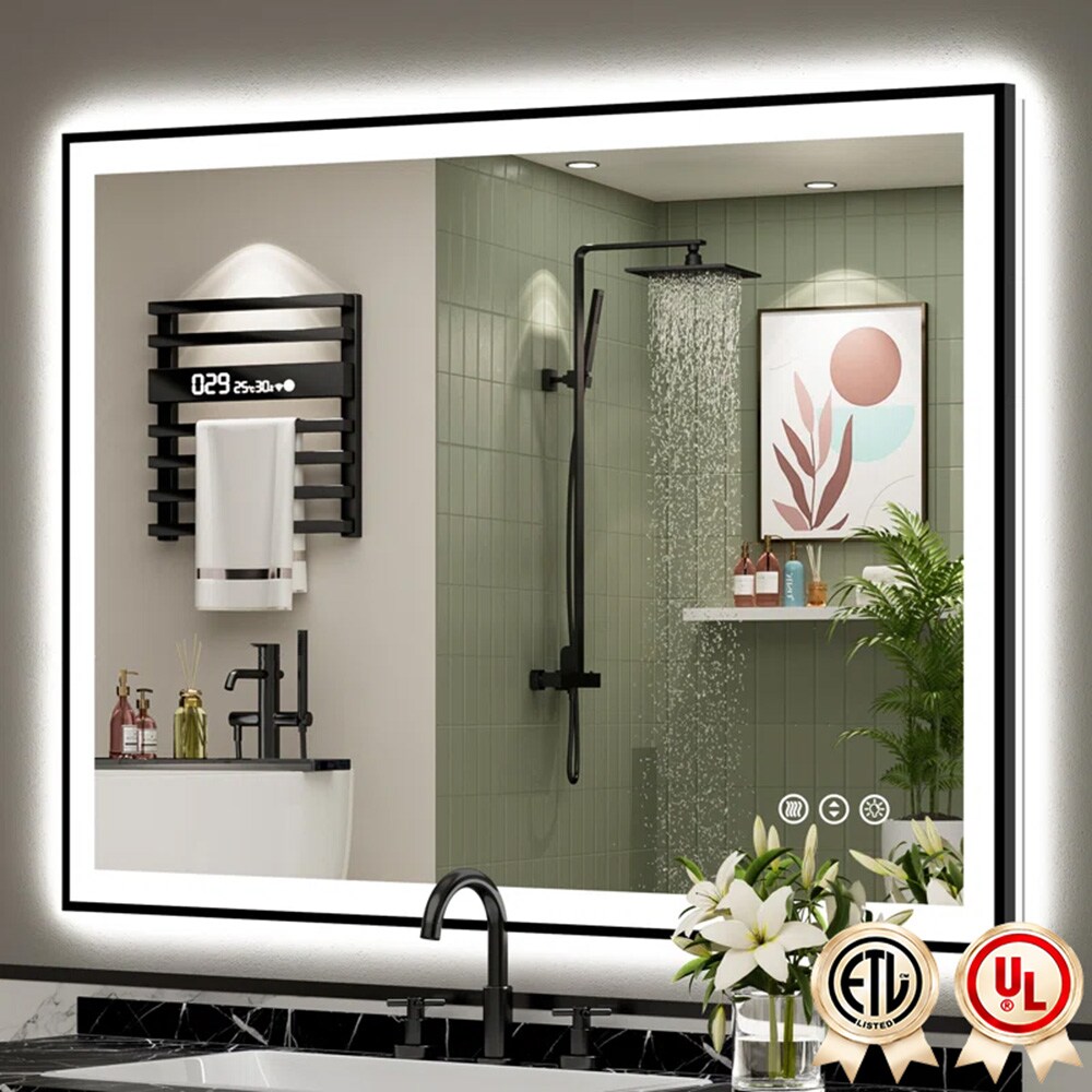 YQP 48x38 Inch UL Certified Front + Back LED Anti-Fog Tempered Glass Black Framed Bathroom Vanity Mirror