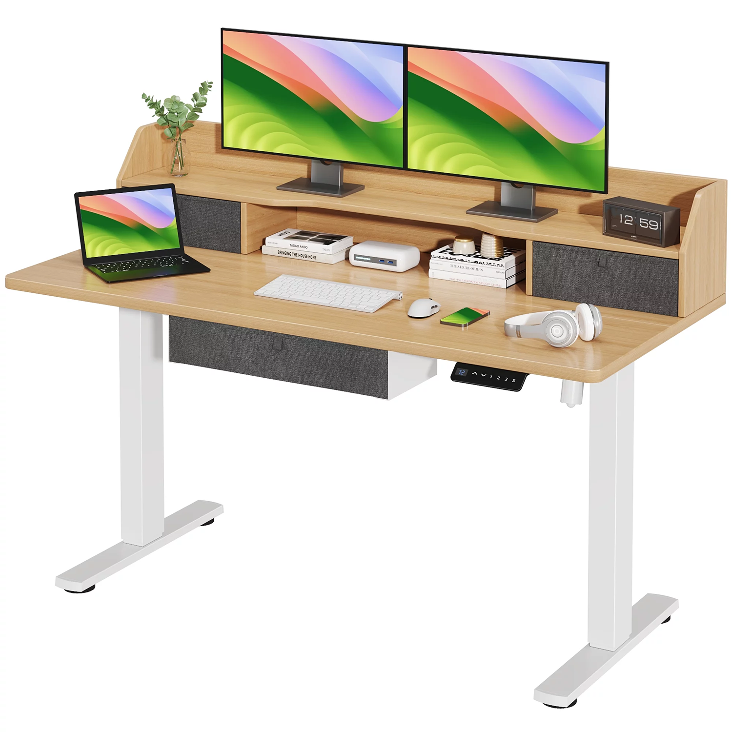 Vineego Electric Standing Desk Height Adjustable Office Desk with 55” x  27.5” Tabletop Home Office Workstation, Beige Finish 