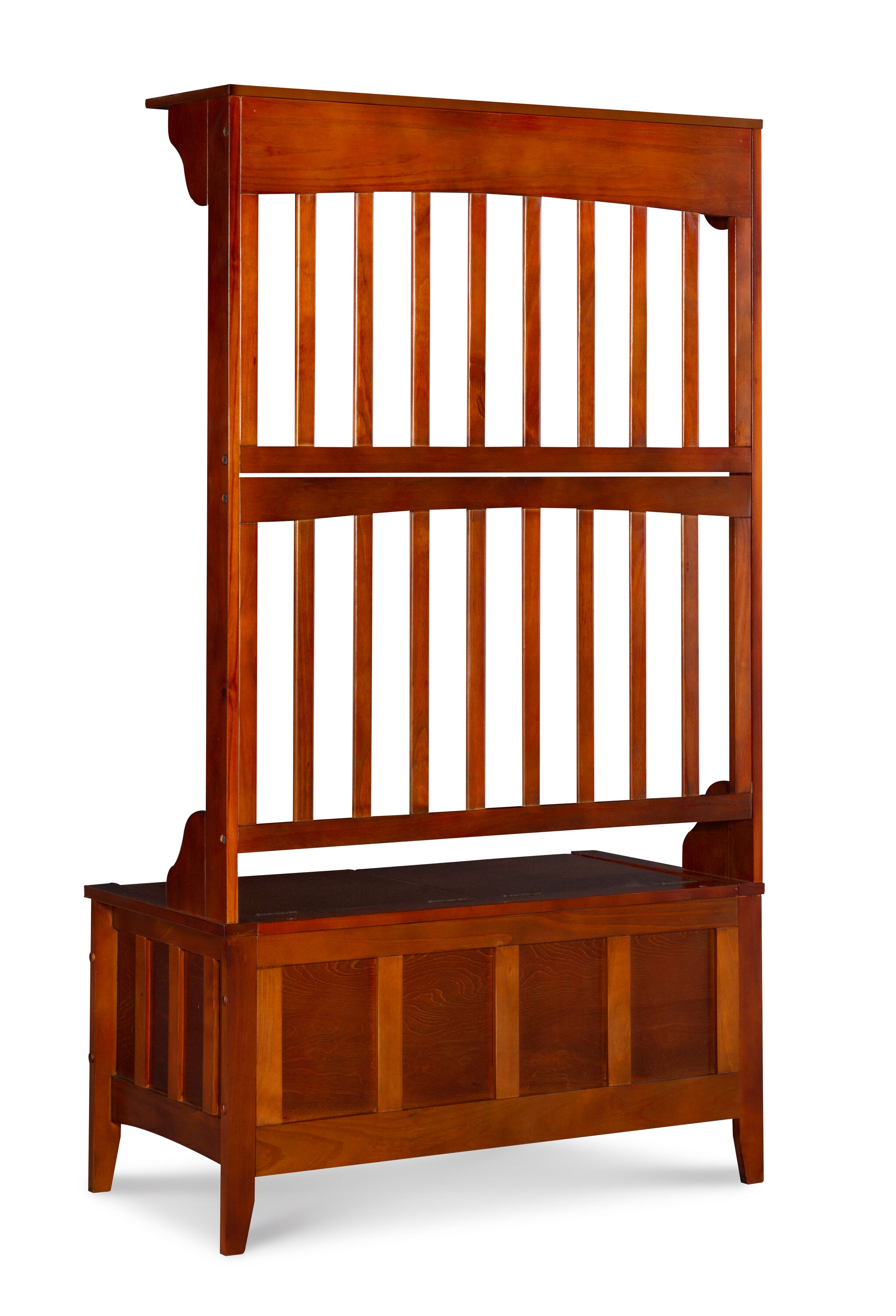 Walnut Finish Split-Seat Storage Hall Tree with Double Hooks
