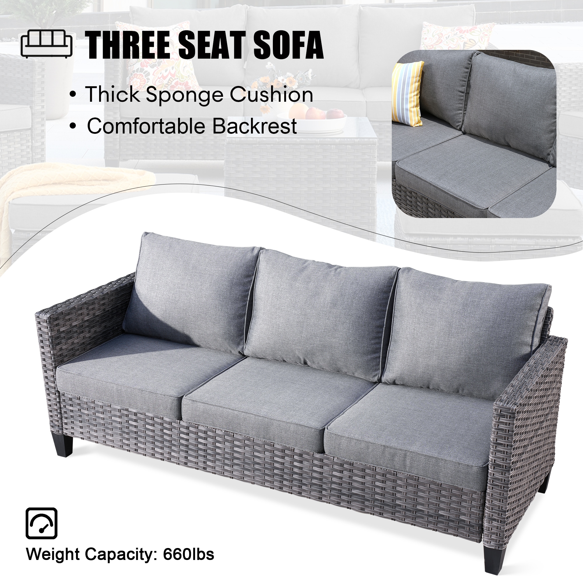 Pouuin 7-Piece Rattan Patio Sofa Conversation Set with Dark Gray Olefin ...