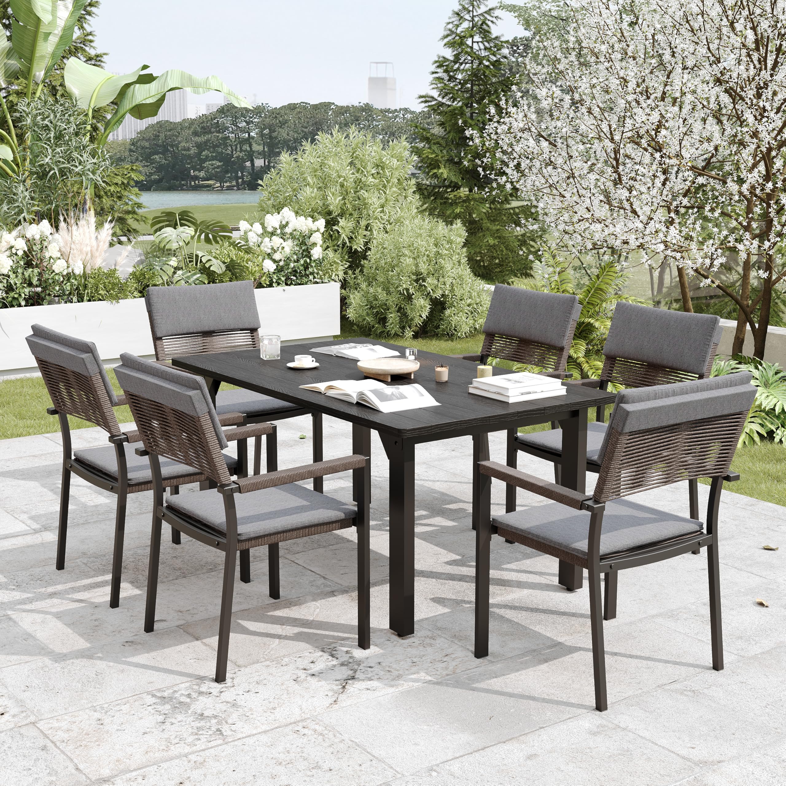AURA OUTDOOR OIDCT-12-DG Chair Set 7 -Piece Gray Patio Dining Set 6 Gray Stackable Stationary Chairs