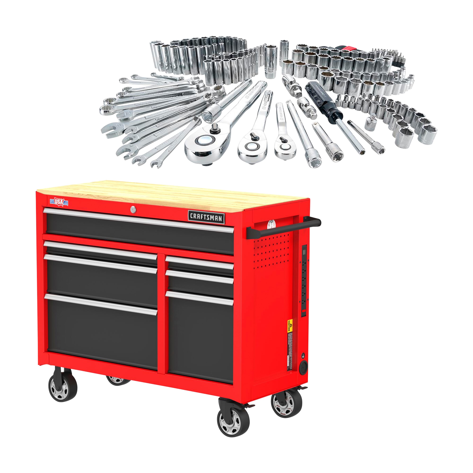 CRAFTSMAN 2000 Series 41-in W x 34-in H 7-Drawer Steel Rolling Tool Cabinet (Red) & 189-Piece Standard (SAE) and Metric Combination Polished Chrome