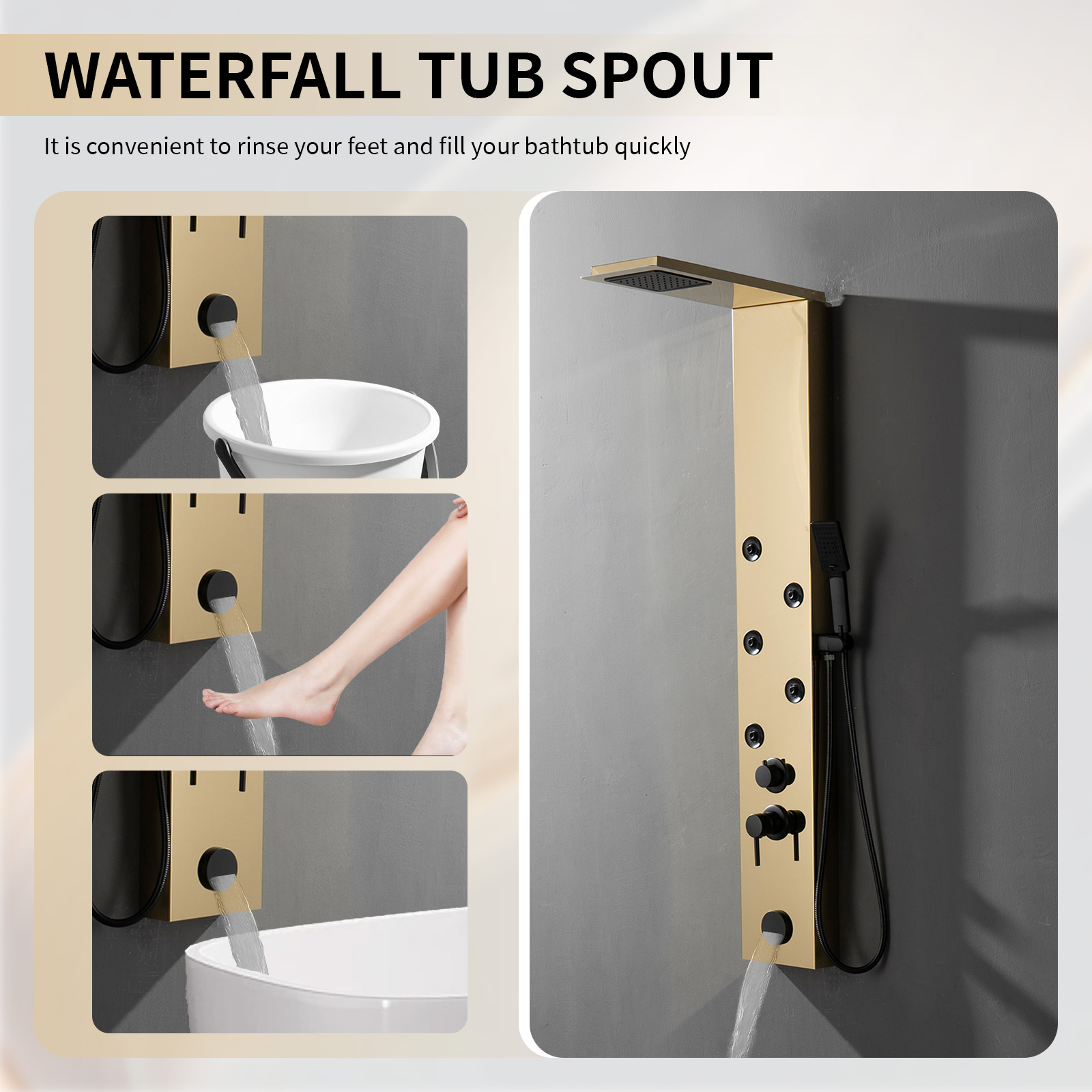 Gold Brushed 4-Jet Rainfall Shower Panel System with Handheld Wand