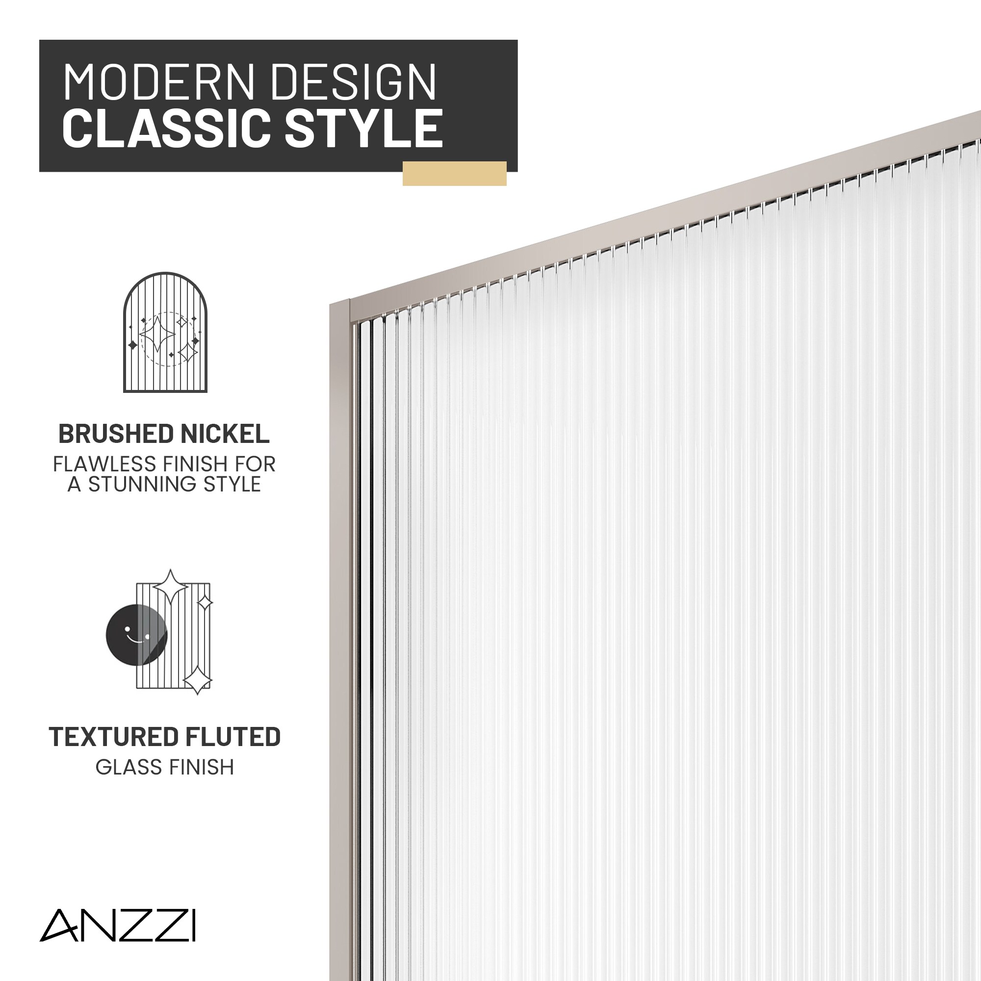 ANZZI Welle Series Brushed Nickel + Fluted Glass 60-in W x 76-in H