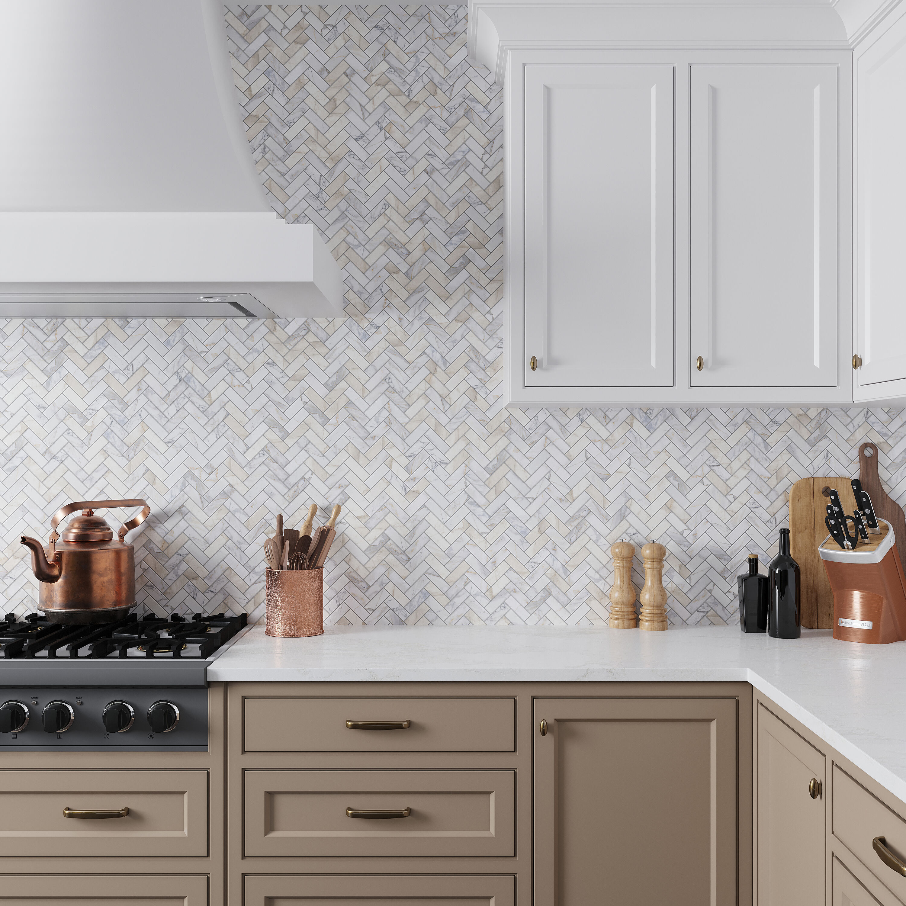 Apollo Tile Sample - Serena White Gray 4-in x 5-in Honed Stone look Herringbone Floor and Wall Tile