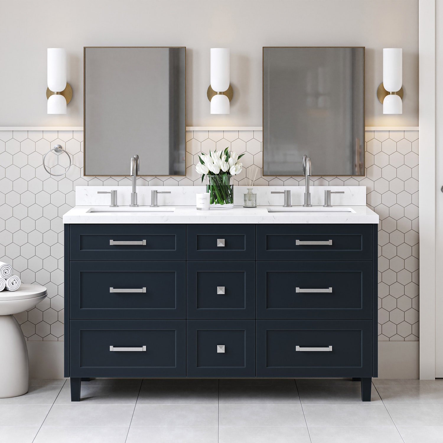 ARIEL B60DCQRVOMNB Monroe 60.25-in Midnight Blue Undermount Double Sink Bathroom Vanity with Carrara White Quartz Quartz Top