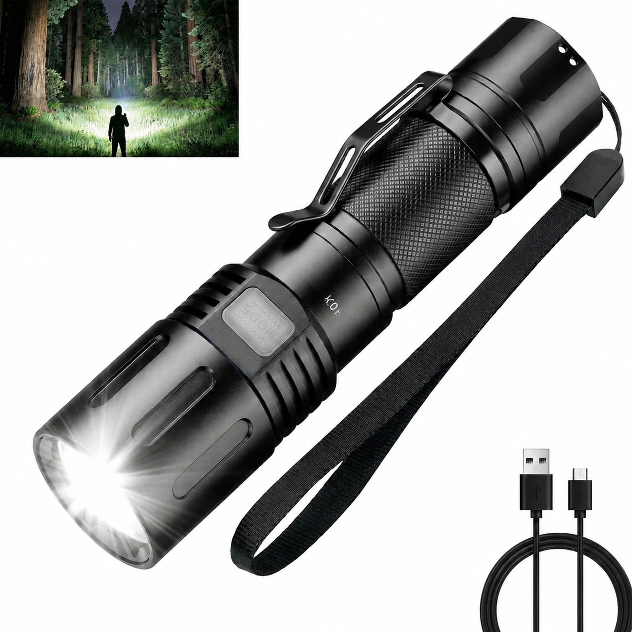 SenQWFa  High Lumen renewable power LED Flashlight with Clip Waterproof Tactical Zoomable Focus 5 Lighting Modes for Camping Hiking Working