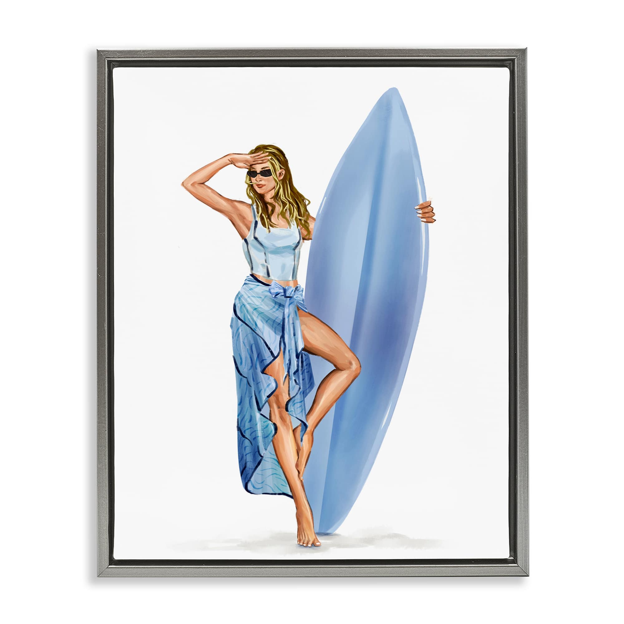 Stupell Industries BT-197-FFL-16X20 Trendy Surfer Girl in Blue Gray Framed Floater Canvas Wall Art By Ziwei Li 17 x 21