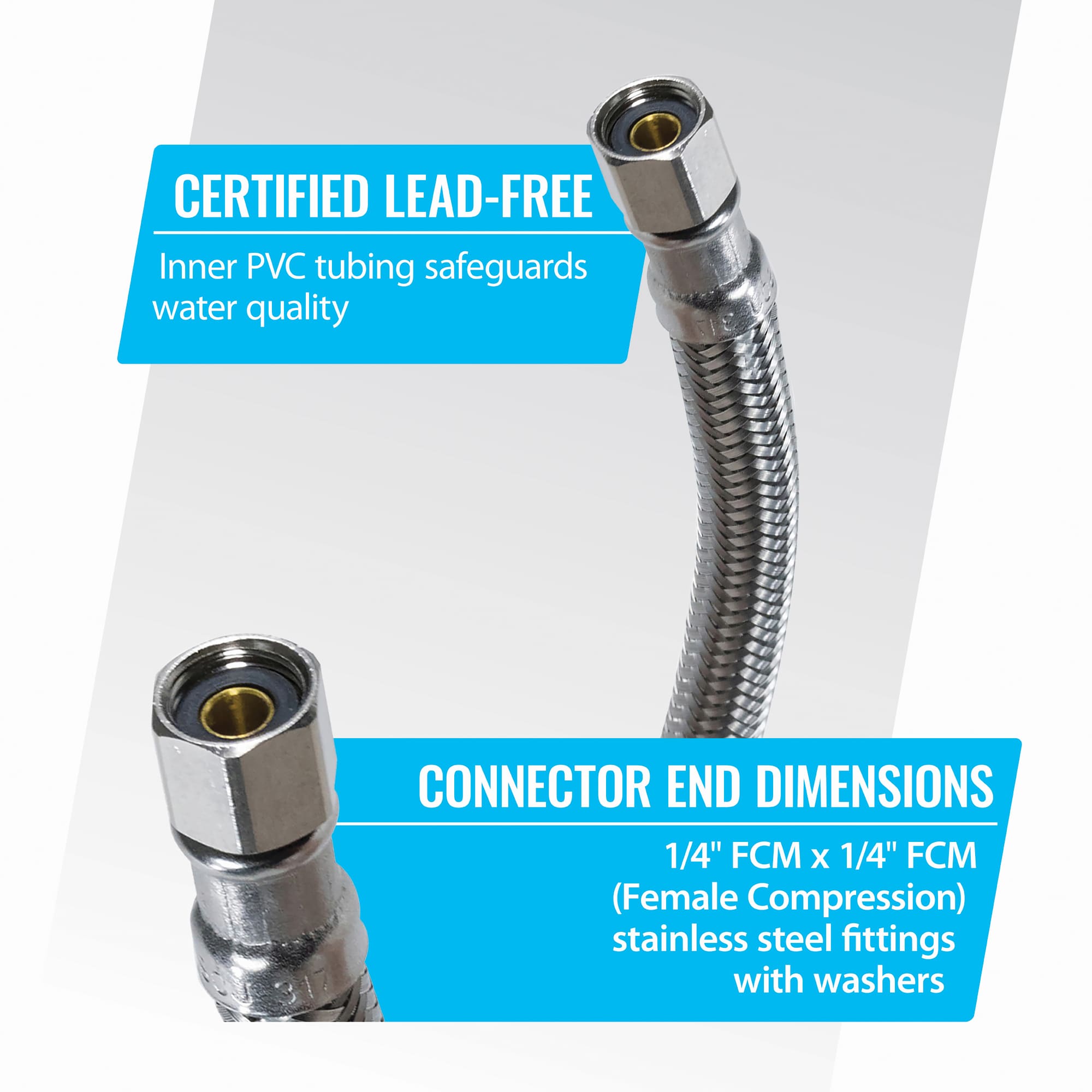 Everflow Supplies 2662-NL Lead Free Stainless Steel Braided Ice Maker Supply Line with Two 1/4 Fittings on Both Ends, 24