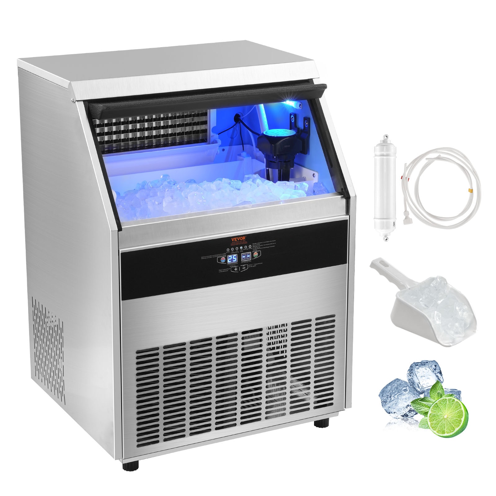 VEVOR TMSRBQLJAJWSYC2RIV1 88 LBS Storage Ice Maker 330-lbs. Ice Per day Freestanding Cubed Ice Maker ( 0.6 mm SUS 430 )