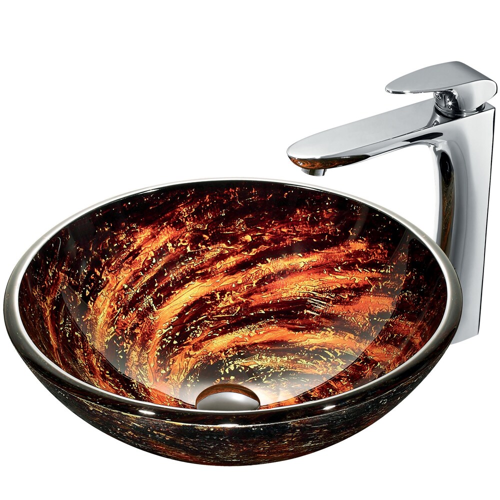 VIGO VGT189 Glass sink set with matching vessel faucet Multicolor Glass Vessel Bathroom Sink with Faucet (Drain Included)