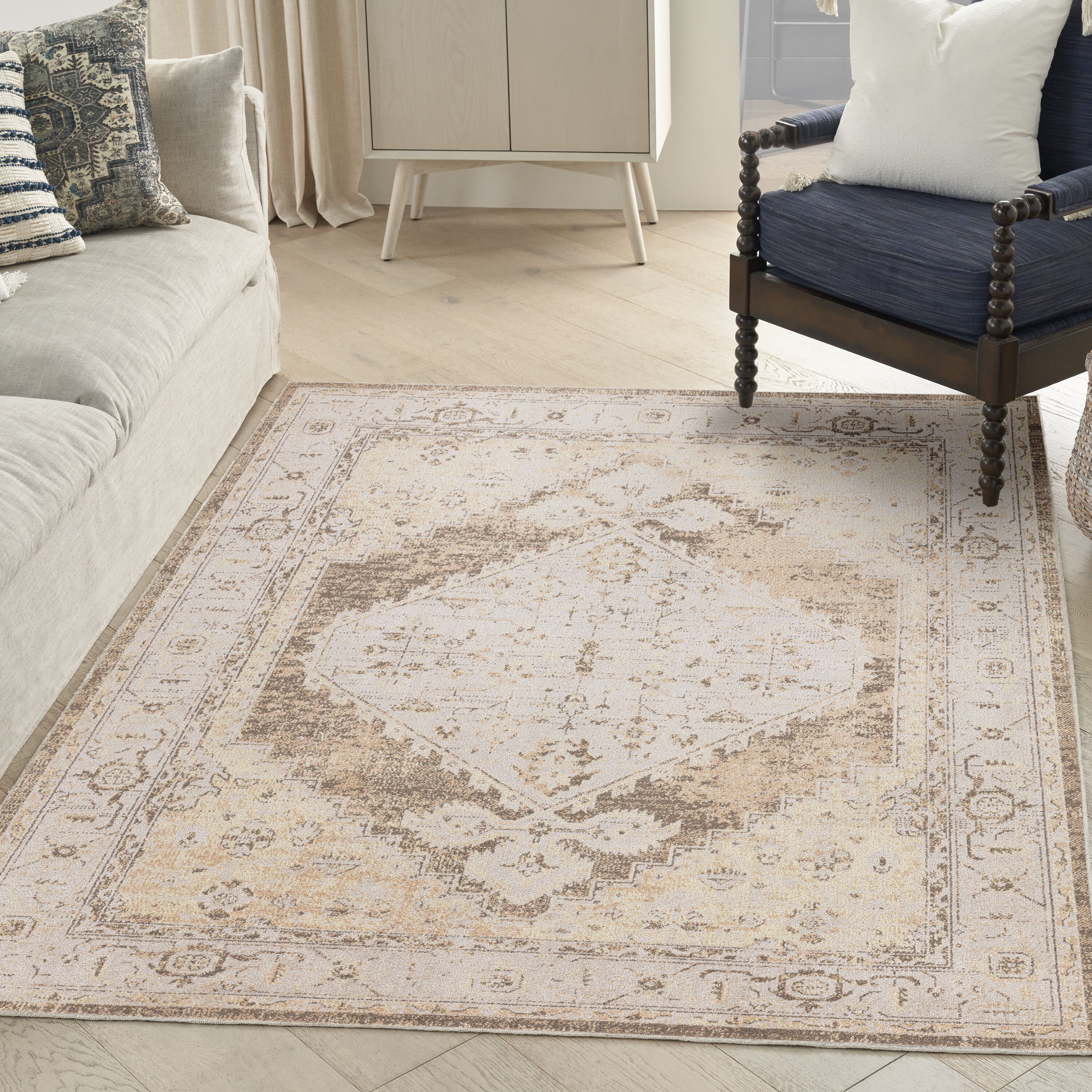 Nourison Home 099446963994 Astra Machine Washable 4 x 6 (ft) Loomed Polyester Beige Rectangular Indoor Medallion Persian Machine washable Area rug