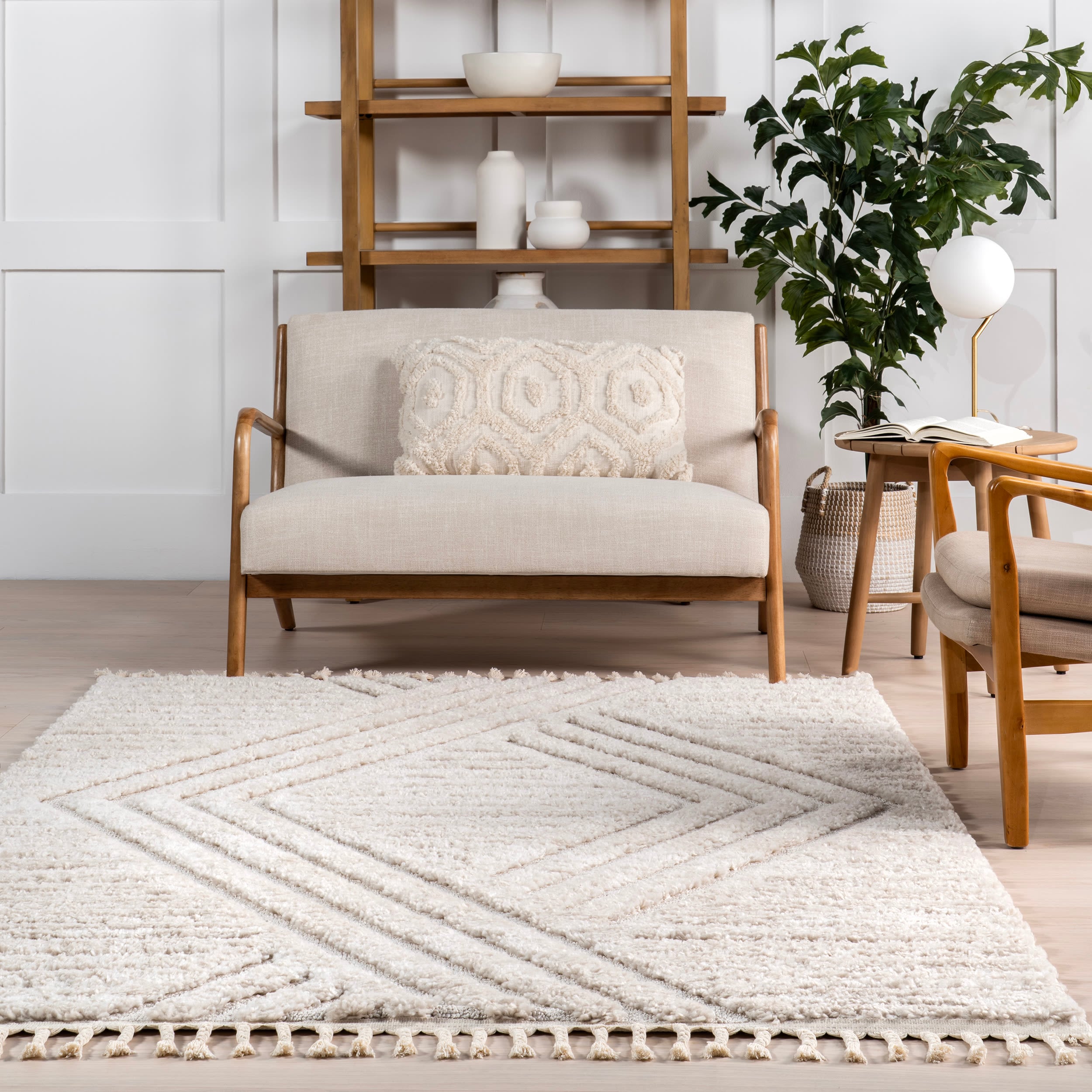 Beige Geometric Shag Rectangular Area Rug with Tassels