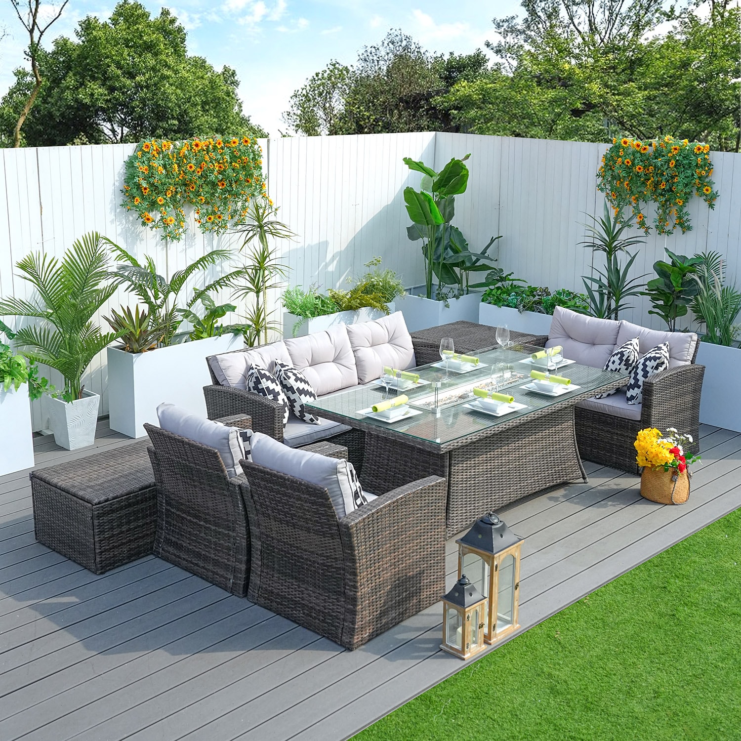 Direct Wicker DWG-1506R-BR 7 -Piece Wicker Patio Sofa Conversation Set with Gray Cushions