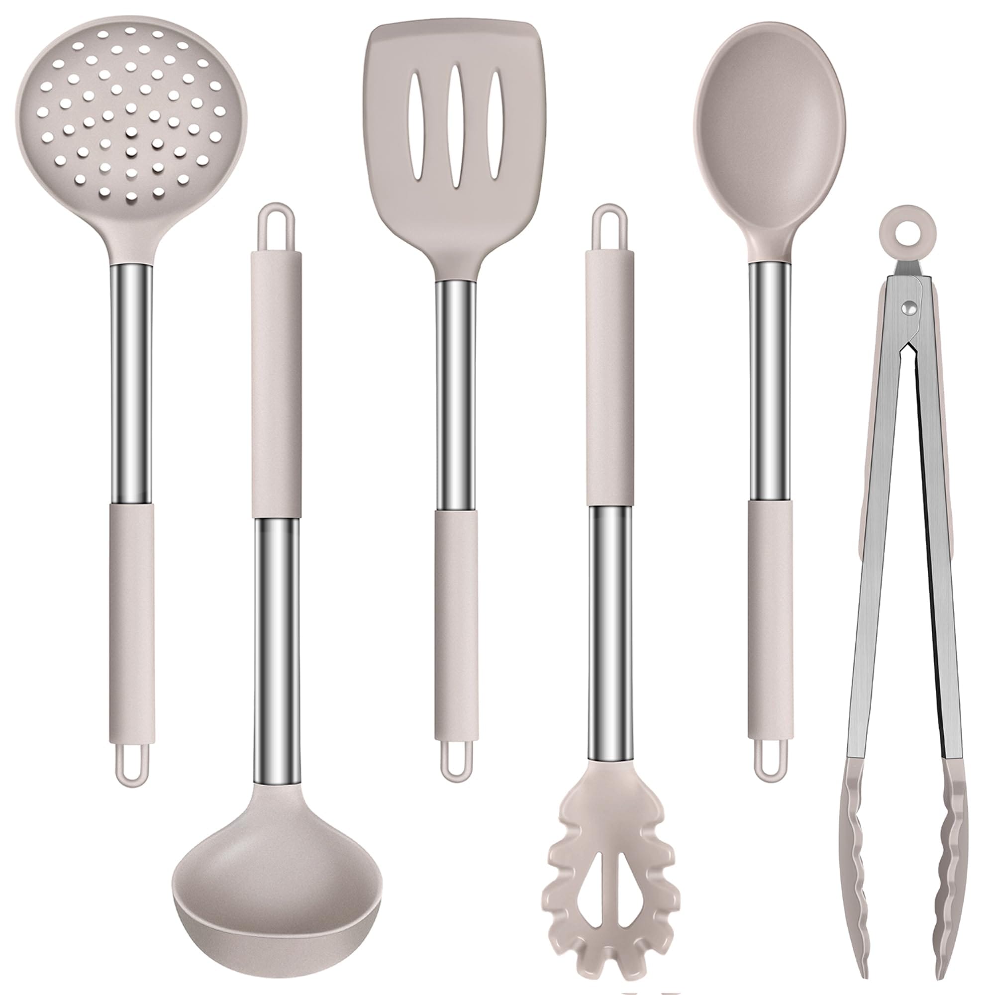 DHMHD Silicone Kitchen Utensils Set of 6 Heat Resistant Cooking Tools with Stainless Steel Handles for Nonstick Cookware Khaki #LDH0818X214