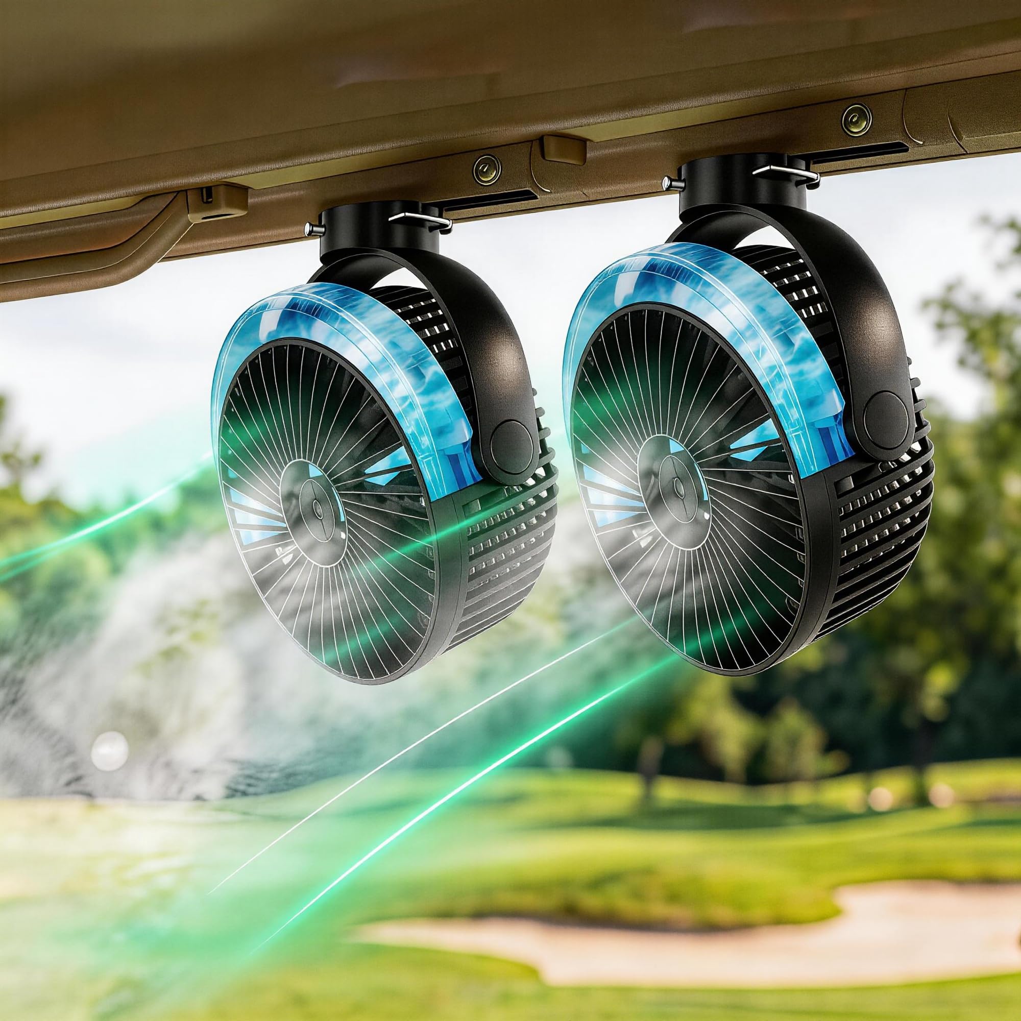 Misopily  2 pack Magnetic Golf Cart Misting Fan with Heavy Duty Strap 4 Speeds LED Timer Portable Fan for Golf Cart Camping Outdoor Accessories