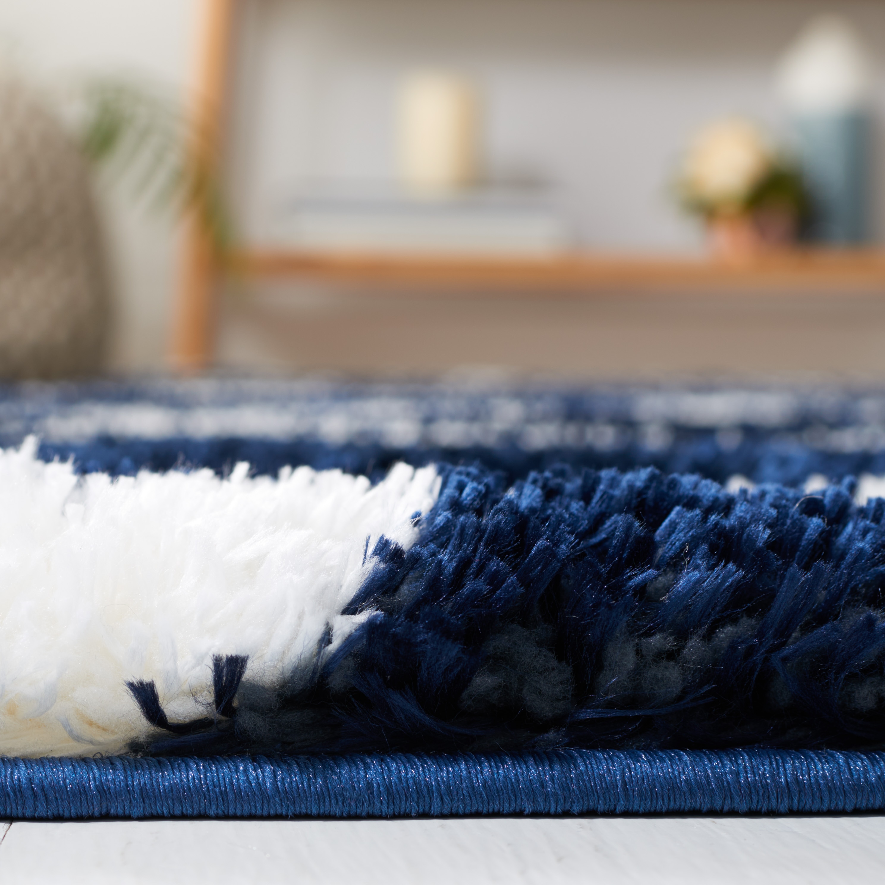 Navy and White Geometric Shag Runner Rug 2' x 9'