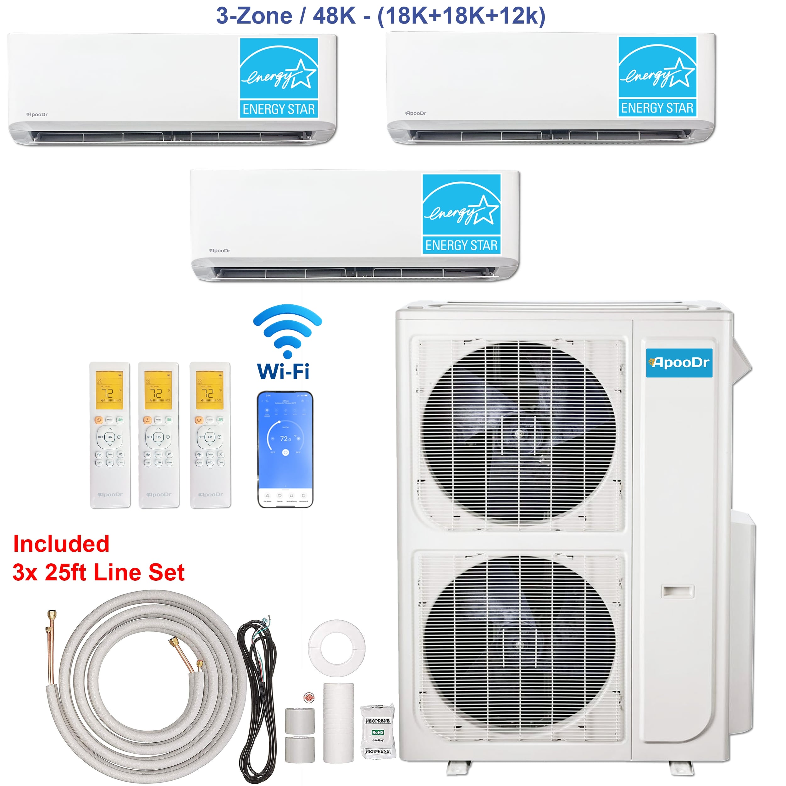 ApooDr AM6OG-48HFN1181812 StarZone 3 zone 48000-BTU 21 SEER2 Ductless Mini Split Air Conditioner Heat Pump Included with 25-ft Line Set 230-Volt