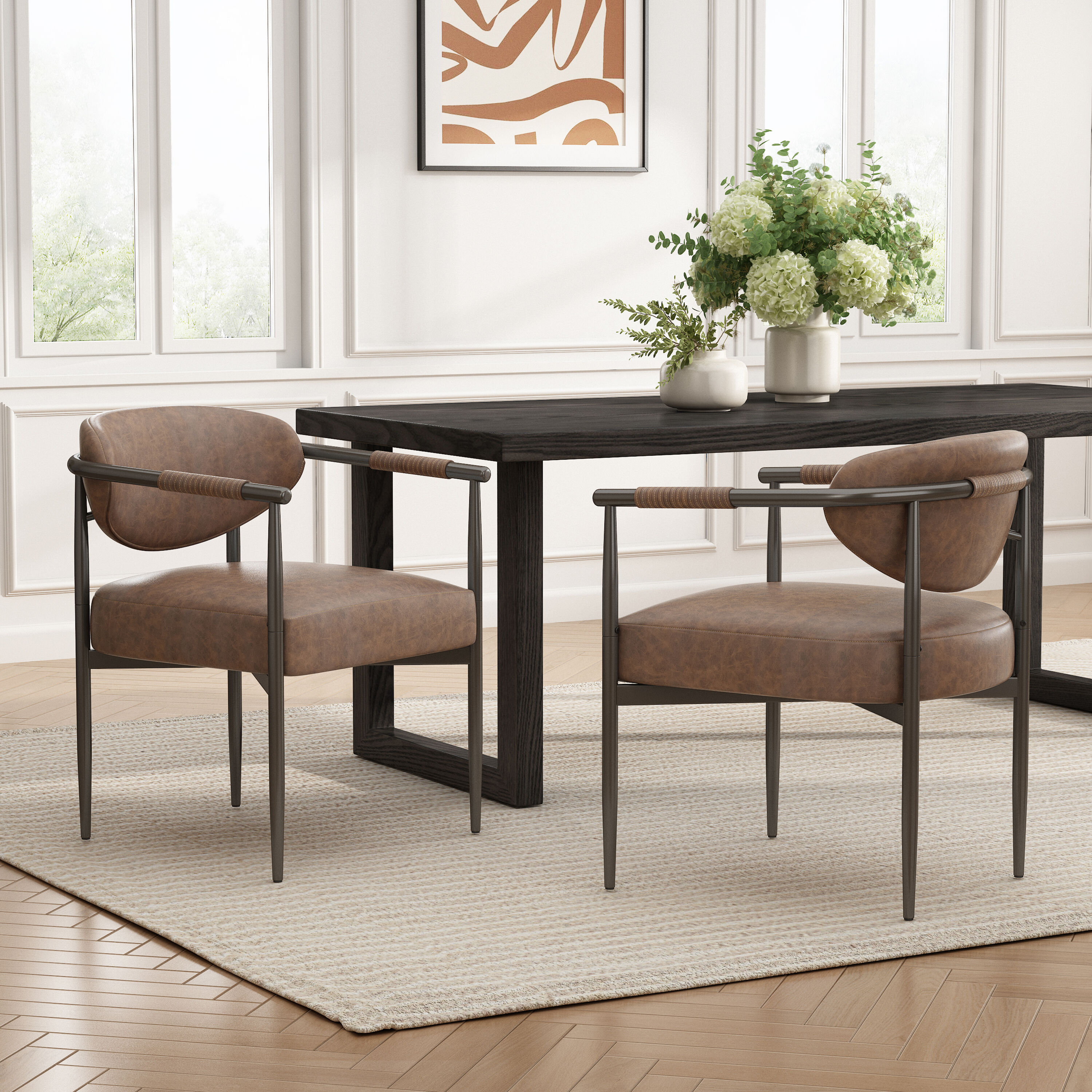 LOVMOR SF-J-N762P329075G Modern Dining Chairs Set of 2 Upholstered Dining Chairs with Coffee Gold Iron Frame and PU leather backrest and seat cushions Accent Armchairs Brown