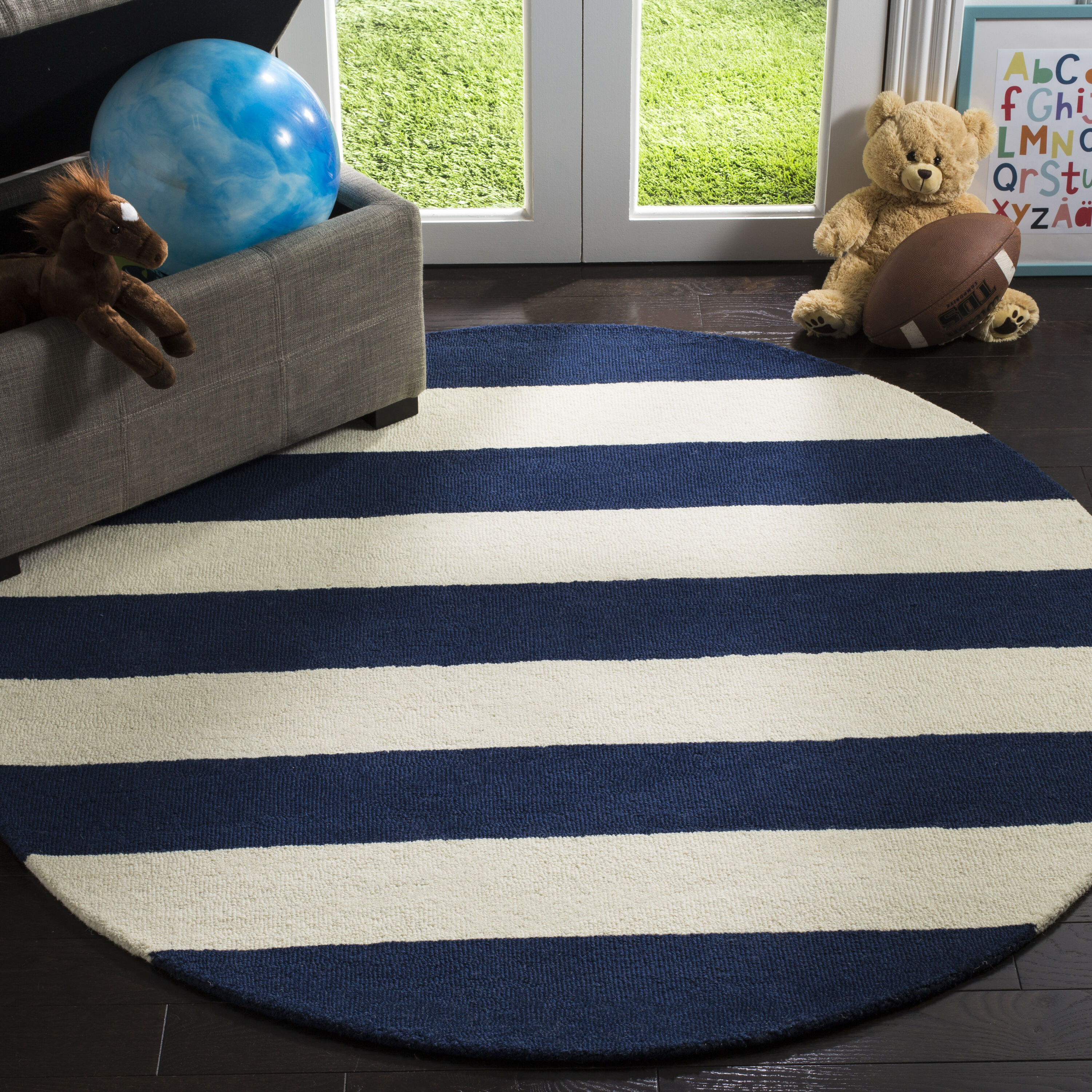   Kids 919 Stripe Navy/Ivory Contemporary 5ft x 5ft Round Rug