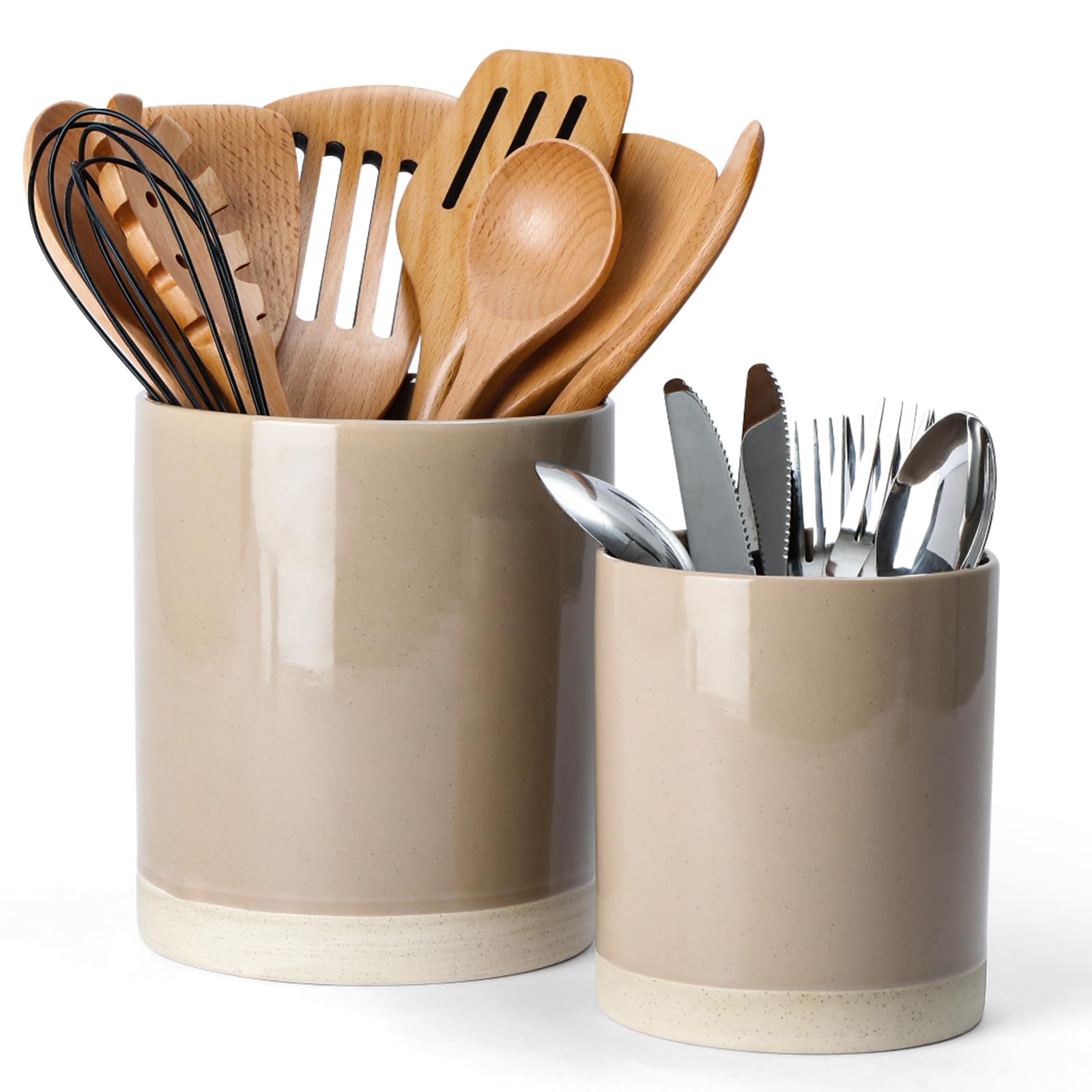 Anqtovp  Ceramic Kitchen Utensil Holder Set of Two Speckled Brown Crocks for Countertop Utensil Organizer and Kitchen Decor