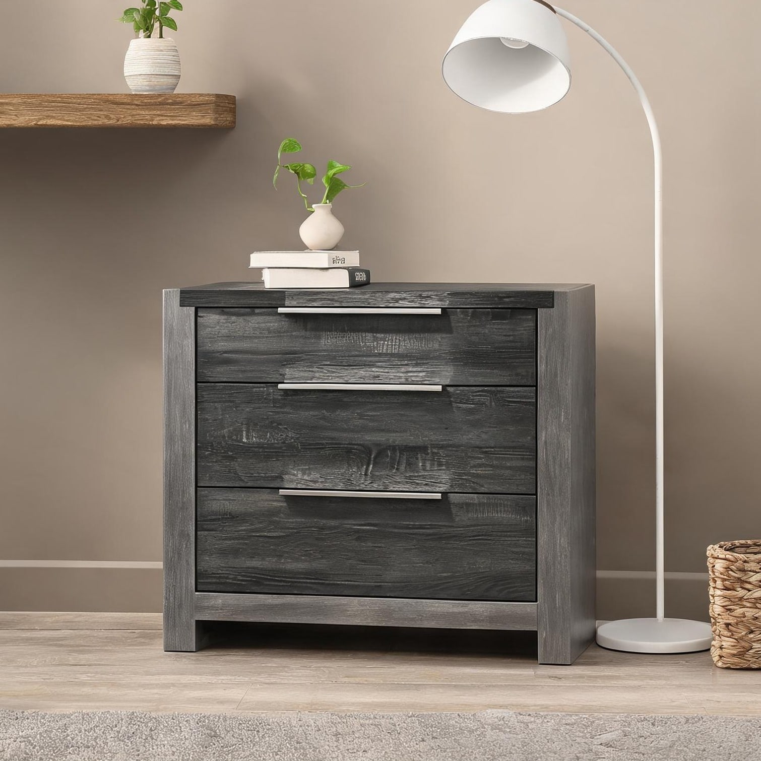 Neutral Gray Three-Drawer Nightstand with Long Metal Pulls Contemporary Bedside Storage