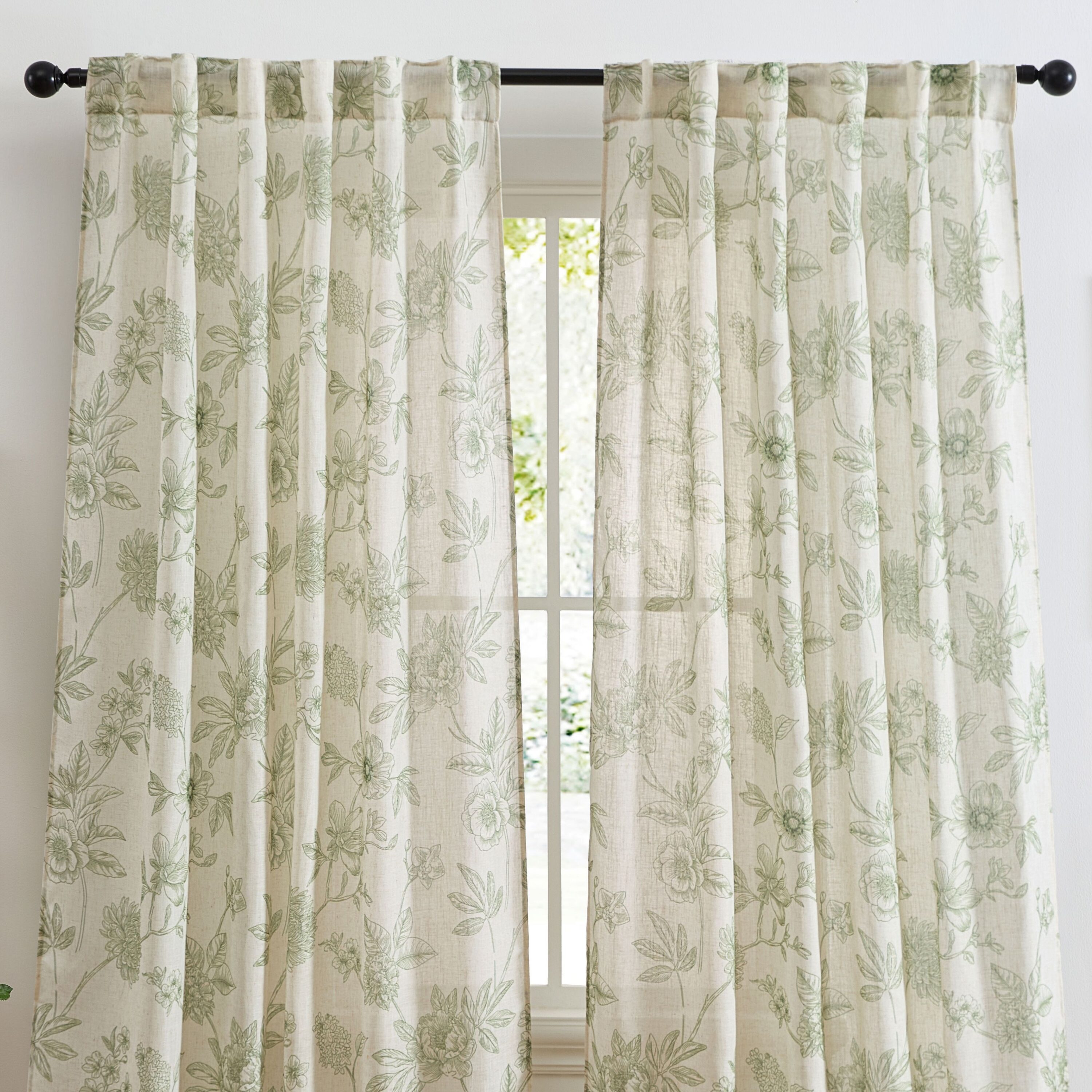 HLC -  Brookville Linen Floral Patterned Curtains - Back Tab Pocket Window Flower Curtains Panels...