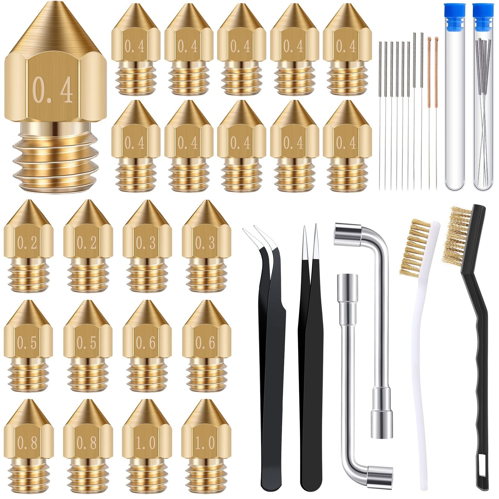 Lukvuzo  50 pcs 3D Printer Nozzle Cleaning Kit with 23 MK8 Brass Nozzles Multiple Sizes and 19 Stainless Steel Needle Tools for Makerbot Creality