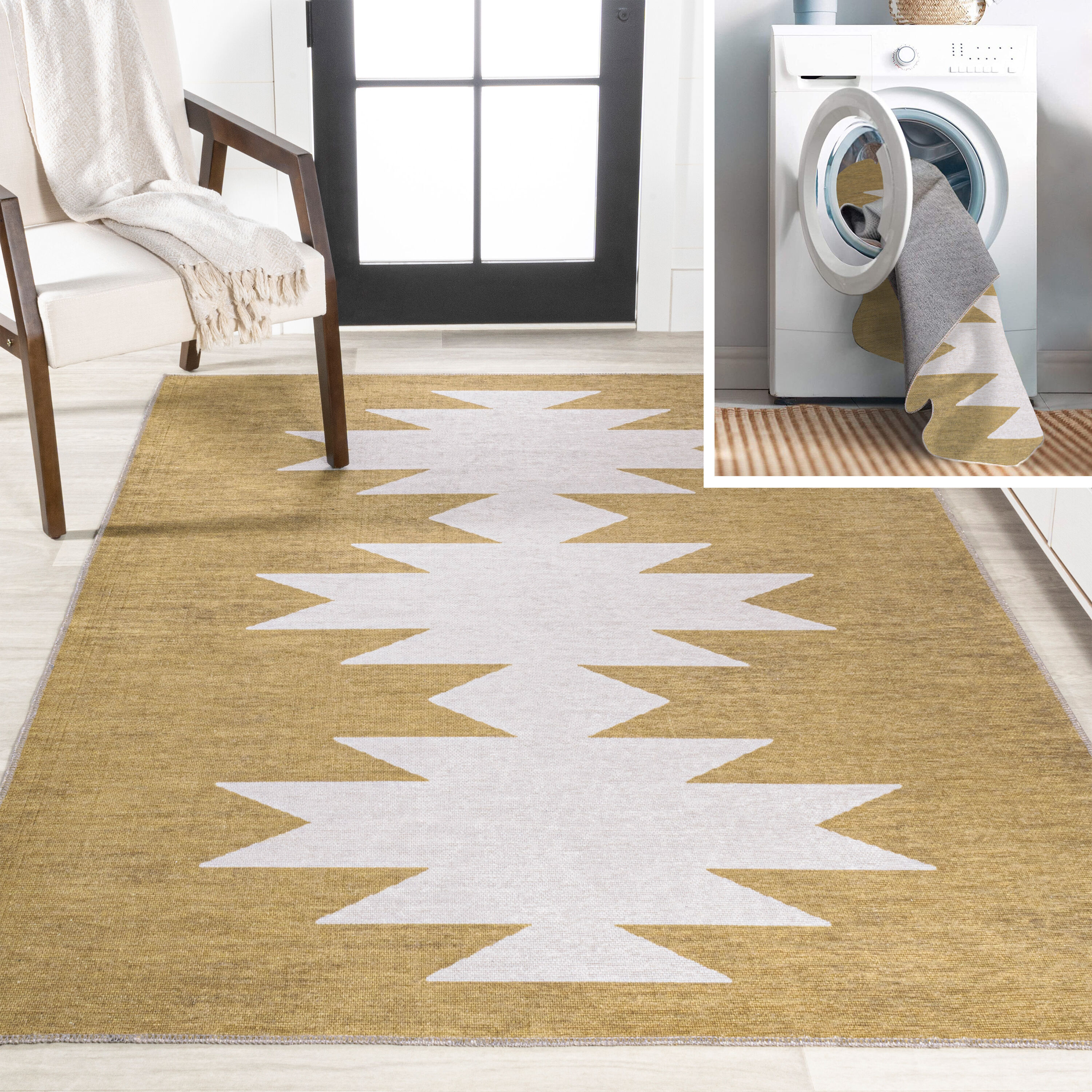 JONATHAN  Y WSH110B-8 WASHABLE Chayton Minimalist 8 x 10 (ft) Loomed Polypropylene Yellow/Cream Rectangular Indoor Tribal Southwestern Machine washable Area rug