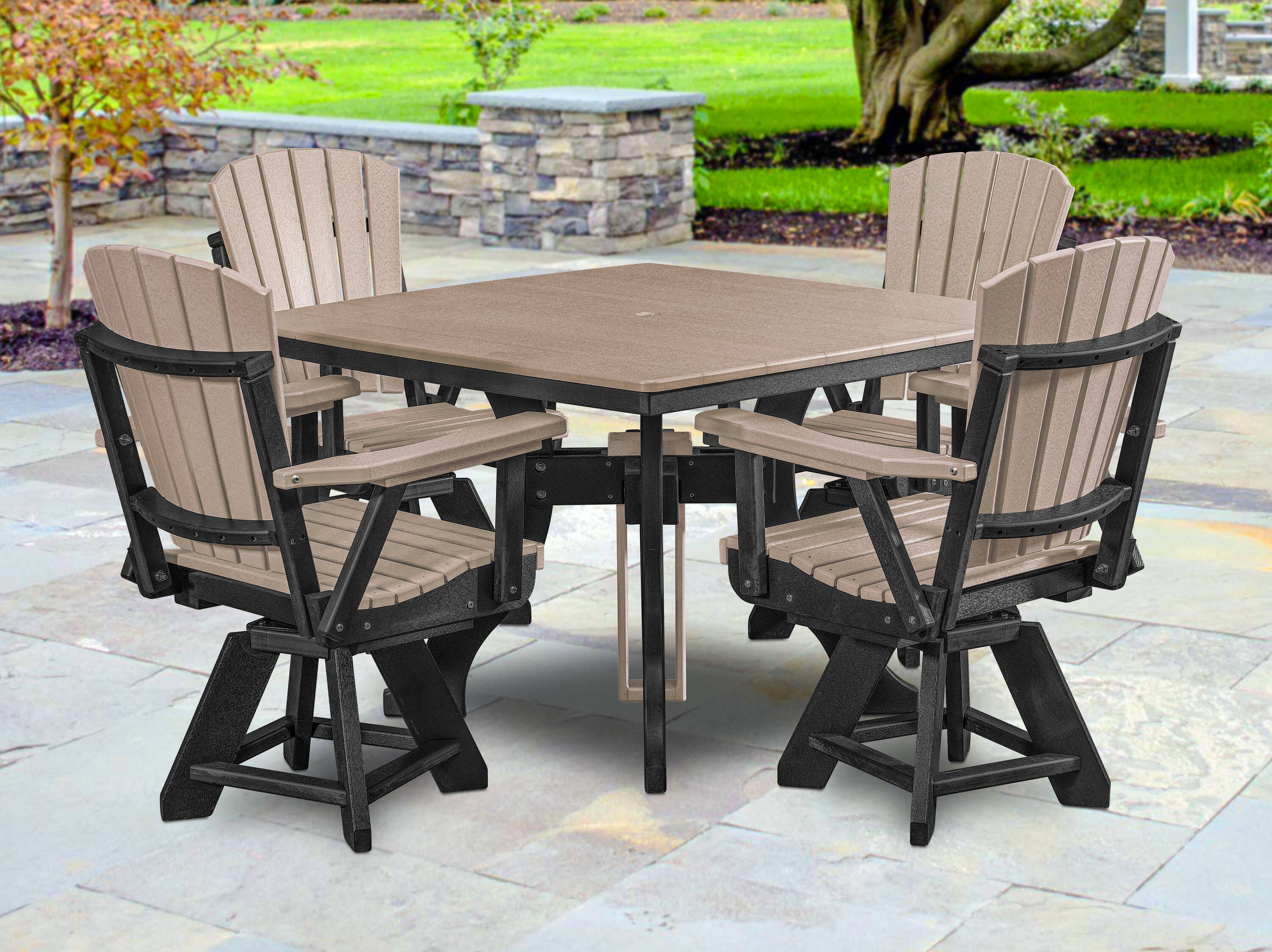 American Furniture Classics DS130WWBK-K Amish HDPE 5 -Piece Black Patio Dining Set Plastic Square Table with 4 Swivel Chairs