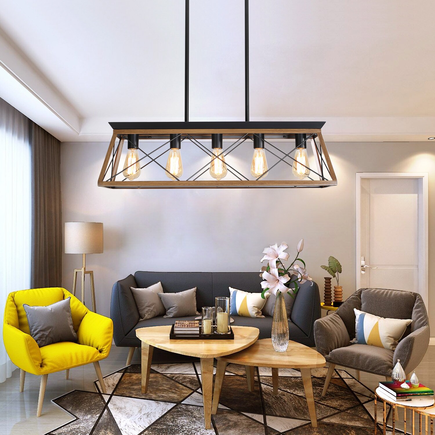 Blisstyle 32 Inch Walnut Industrial 5-Light Pendant Chandelier Modern Metal Cage Design Adjustable Hanging Light For Dining Room Kitchen Living Room No Bulbs Hanging Pendant Lights Kitchen Island Pendant Lighting Over Island Vintage Farmhouse