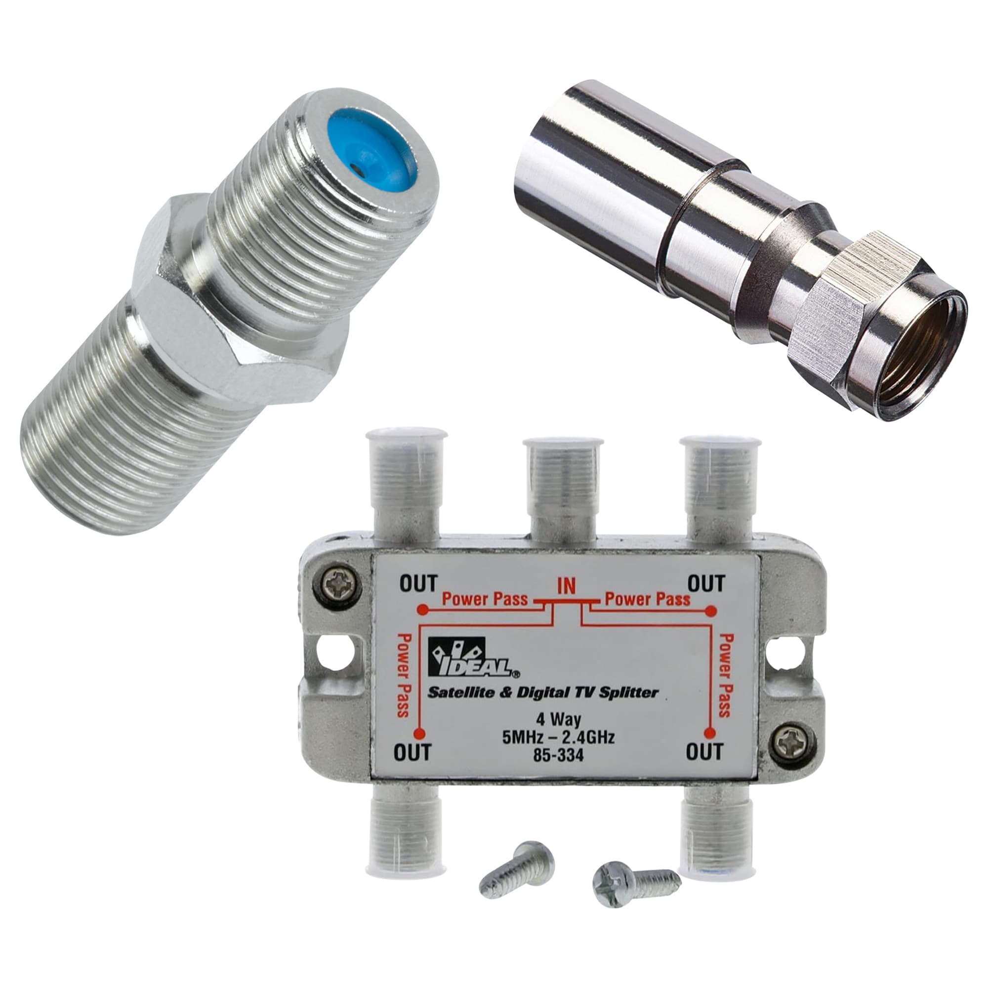Shop IDEAL RG-6, RG-6Q 1-in Compression F-Connector with 4-Pack Brass Adapter and Zinc 4-Way Coax Video Cable Splitter Lowes.com