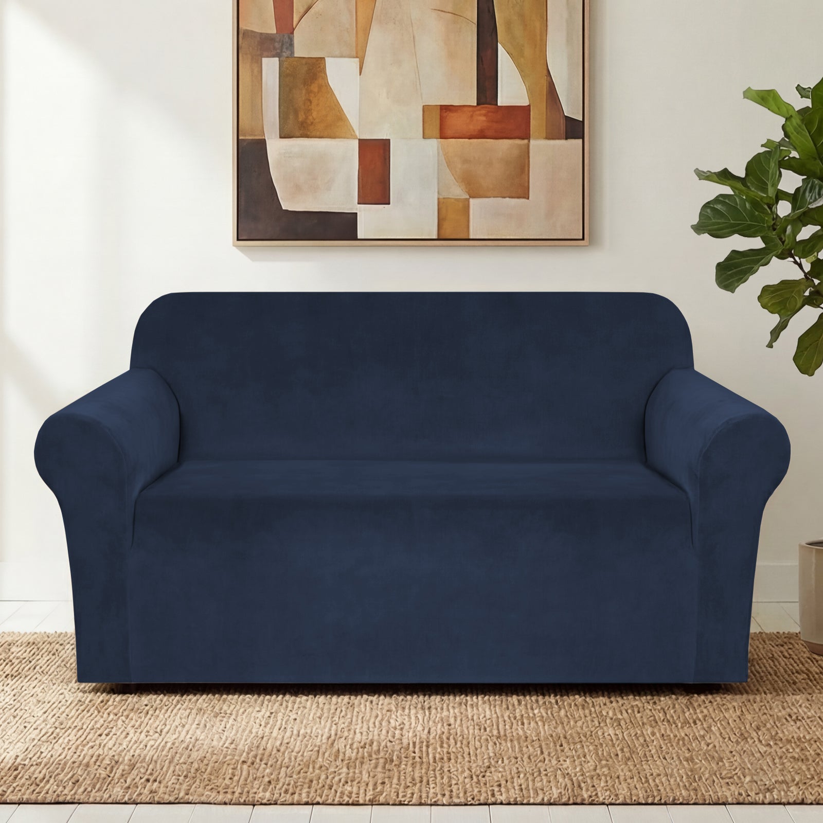 H.Versailtex - Stretch Velvet Sofa Cover 1Piece Plush Slipcover Navy